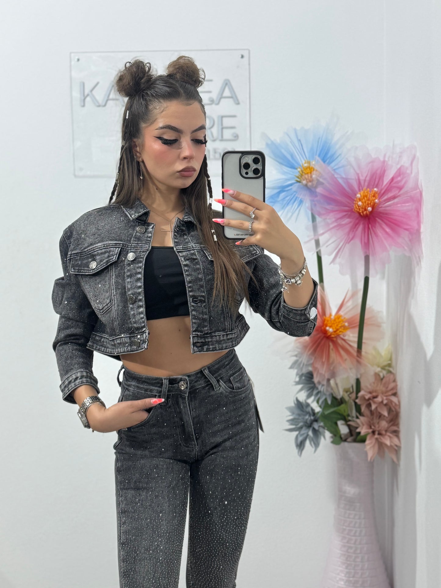 Jeans skinny grey cu cristale Anne