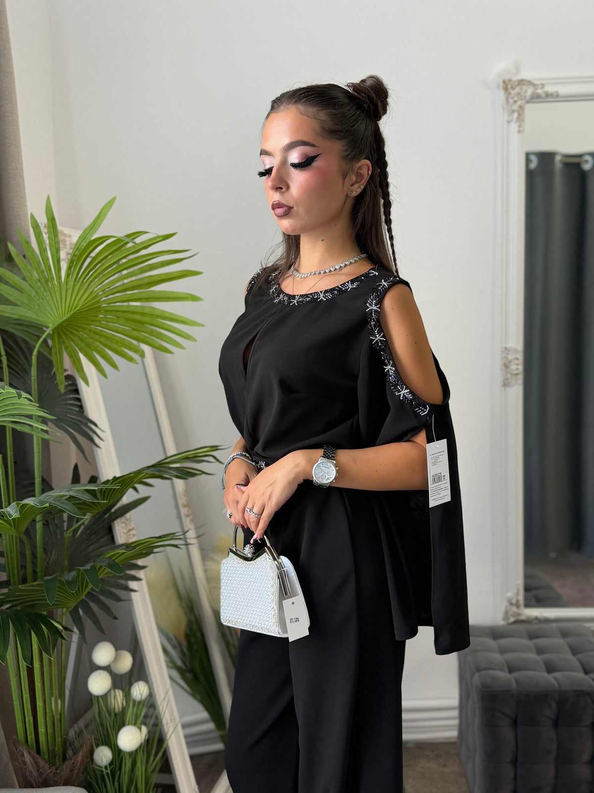 Salopetă elegantă neagra cu detalii argintii ELSA