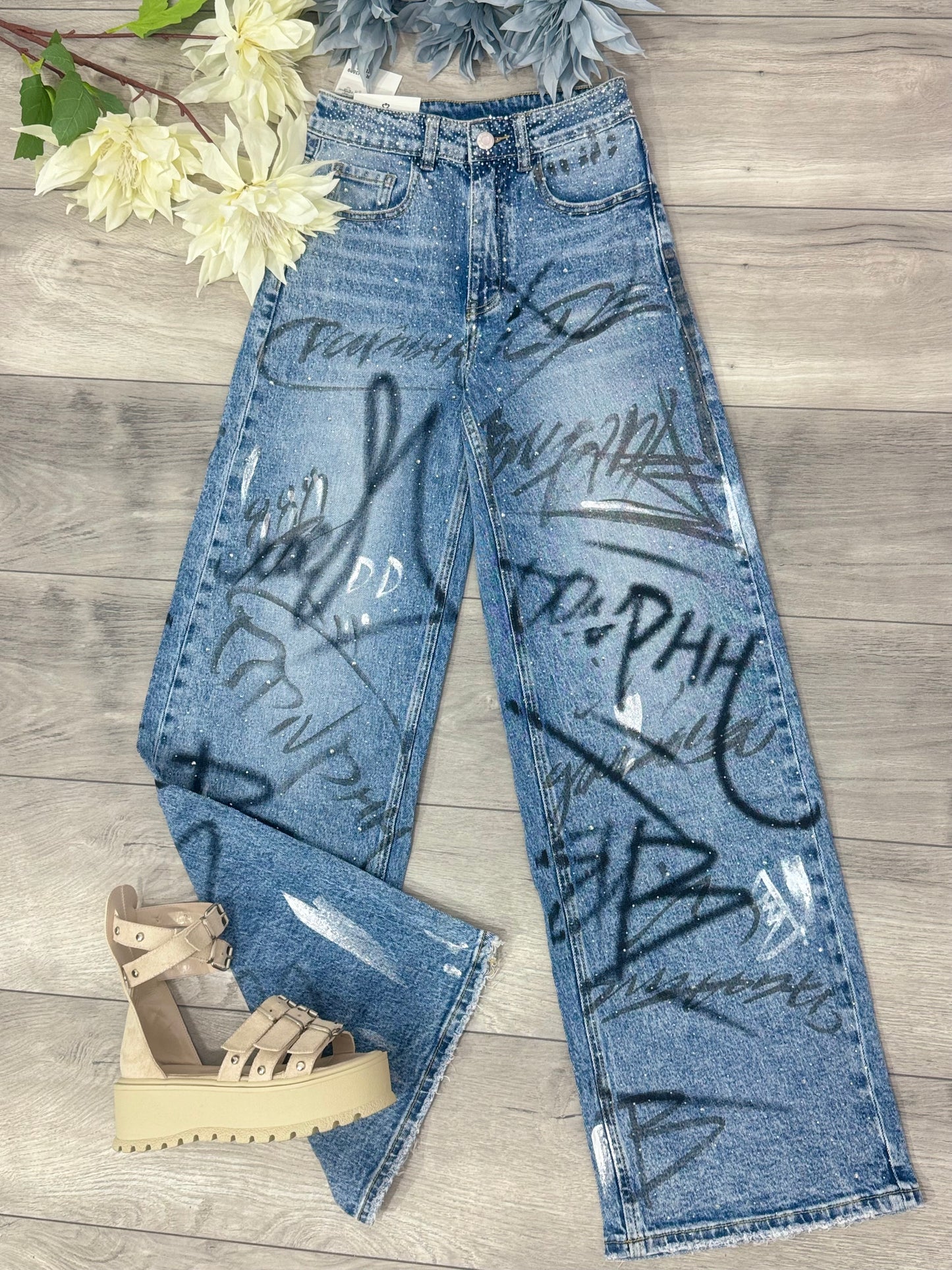Jeans WideLeg cu cristale și grafiti Daiana