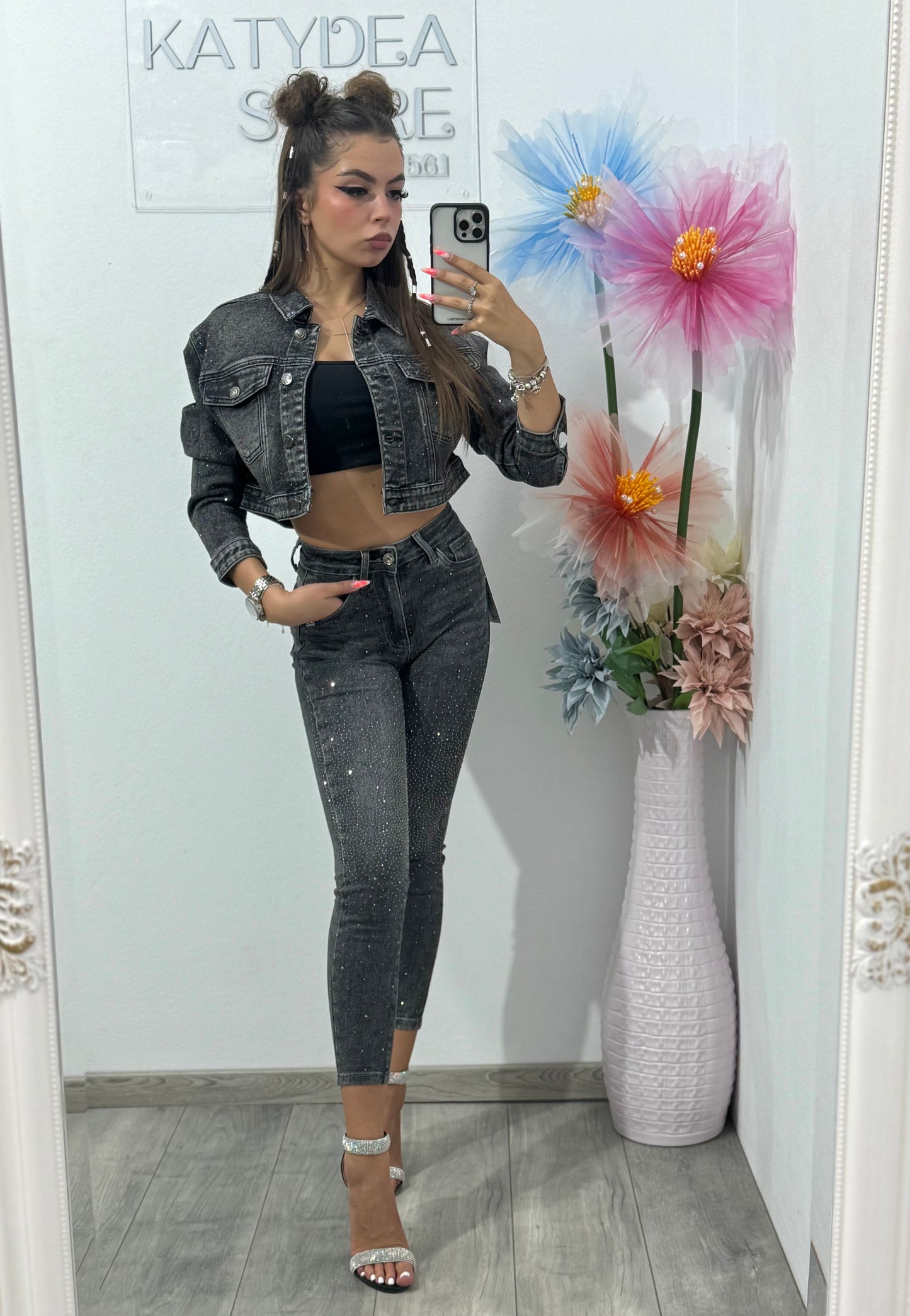 Jeans skinny grey cu cristale Anne