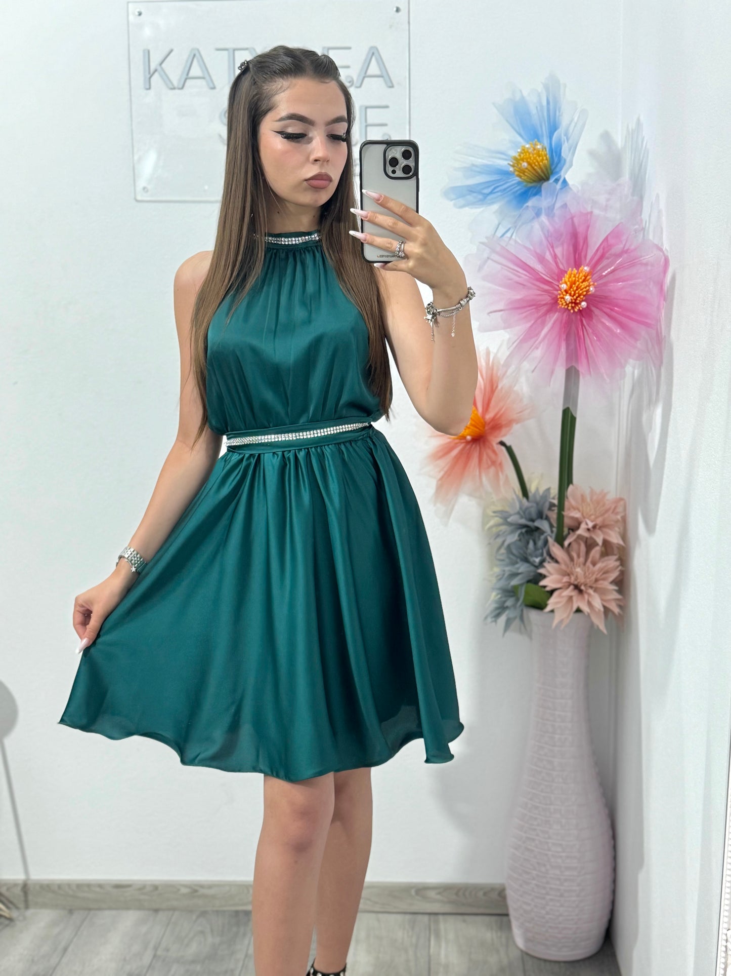 Rochie din satin verde negru Anastasia