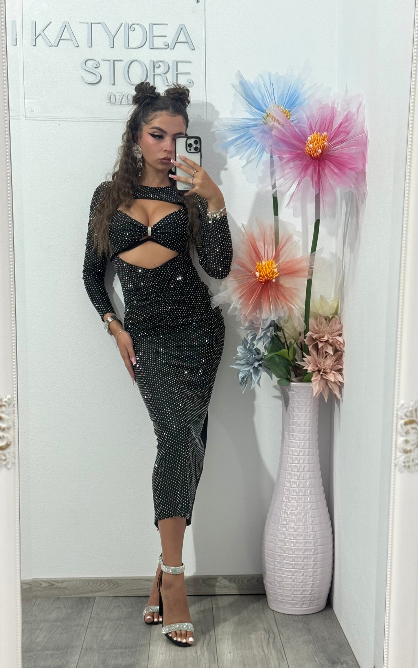 Rochie midi neagra cu cristale argintii ștanțate Glam
