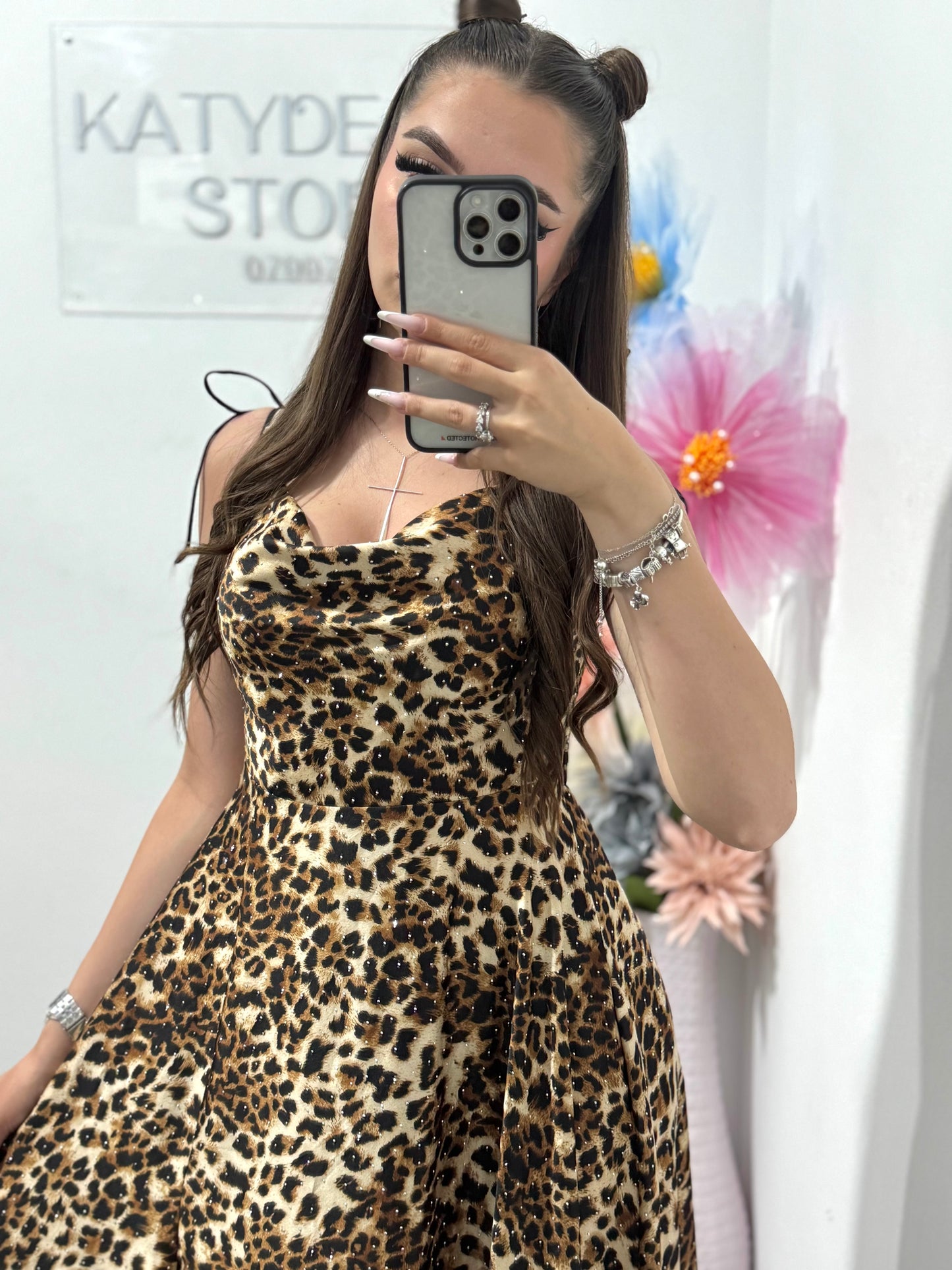 Rochie satinata leopard cu cristale Glammy