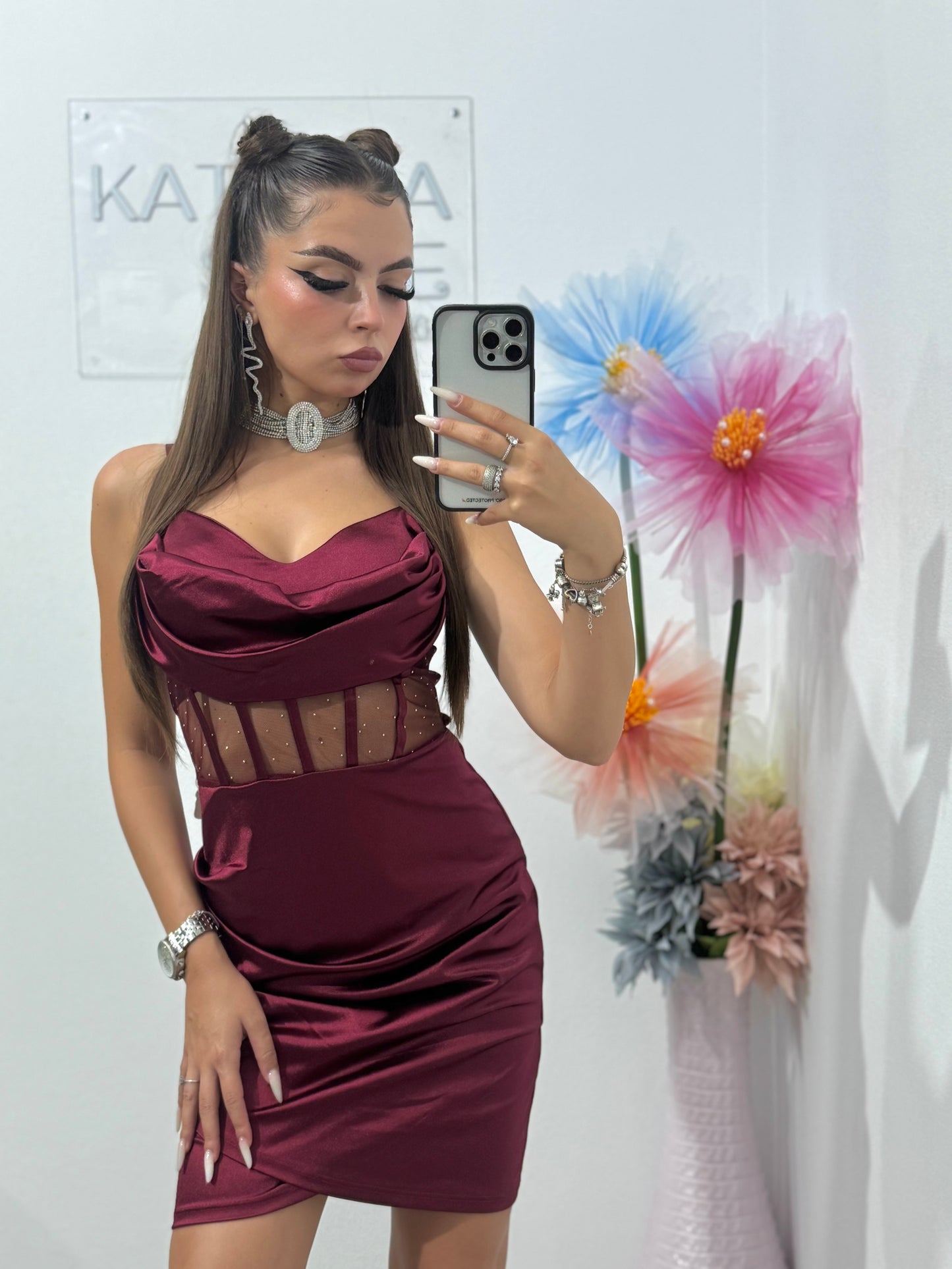 Rochie scurtă cu corset vișiniu Annemary