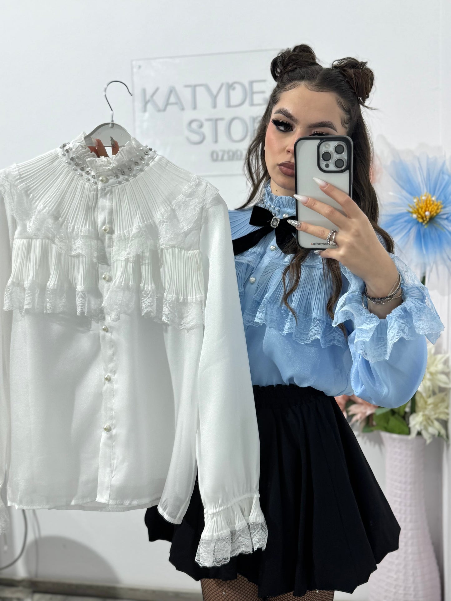 Cămașă deosebită cu fundiță și perle RAMONA