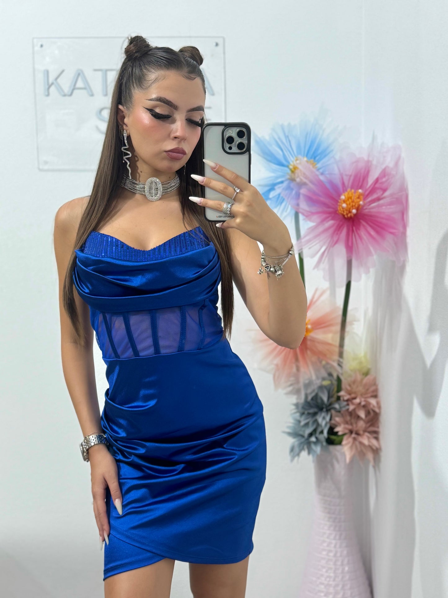 Rochie scurtă cu corset albastru electric Sofia