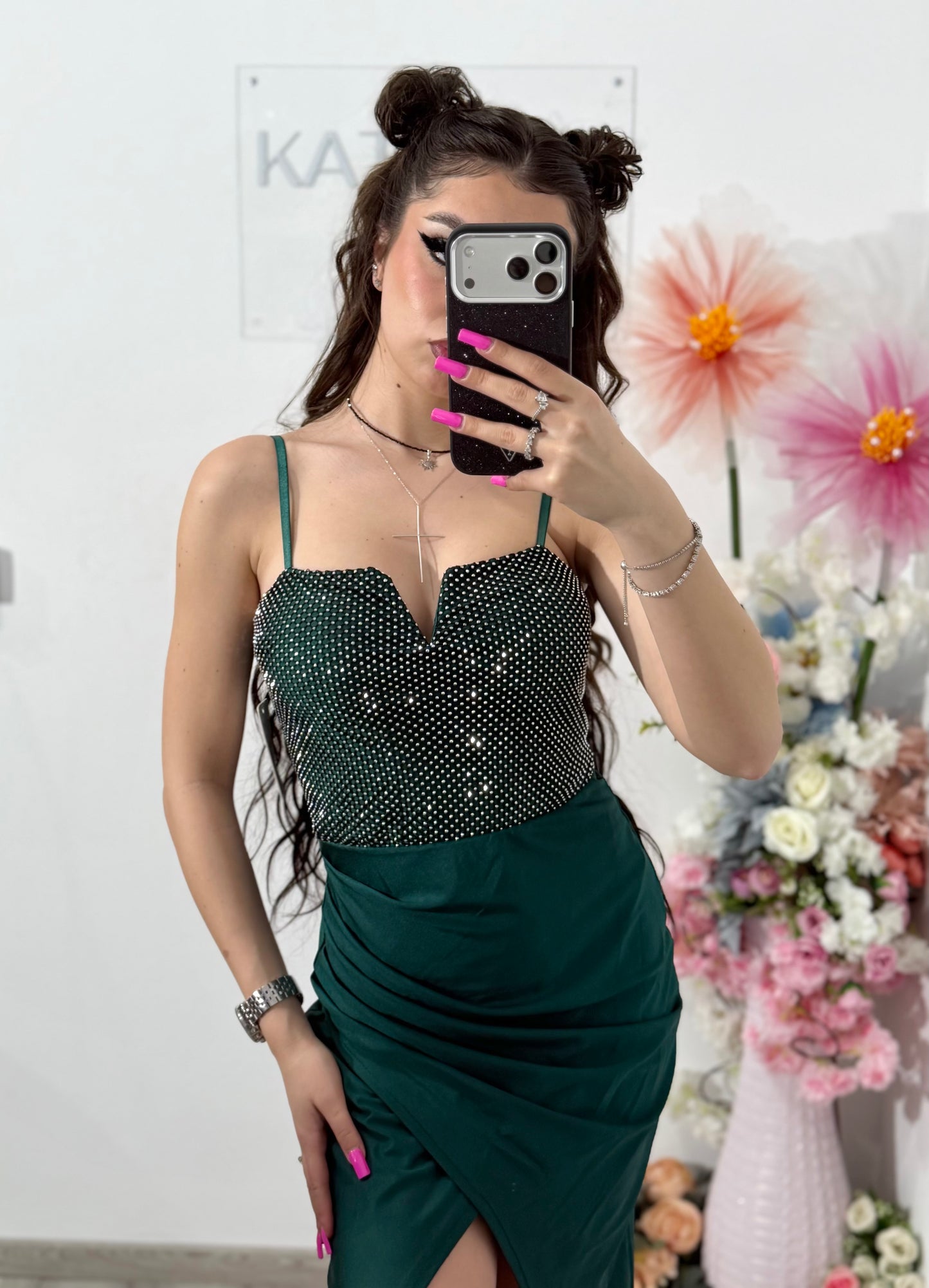 Rochie midi cu cristale verde smarald DELIA