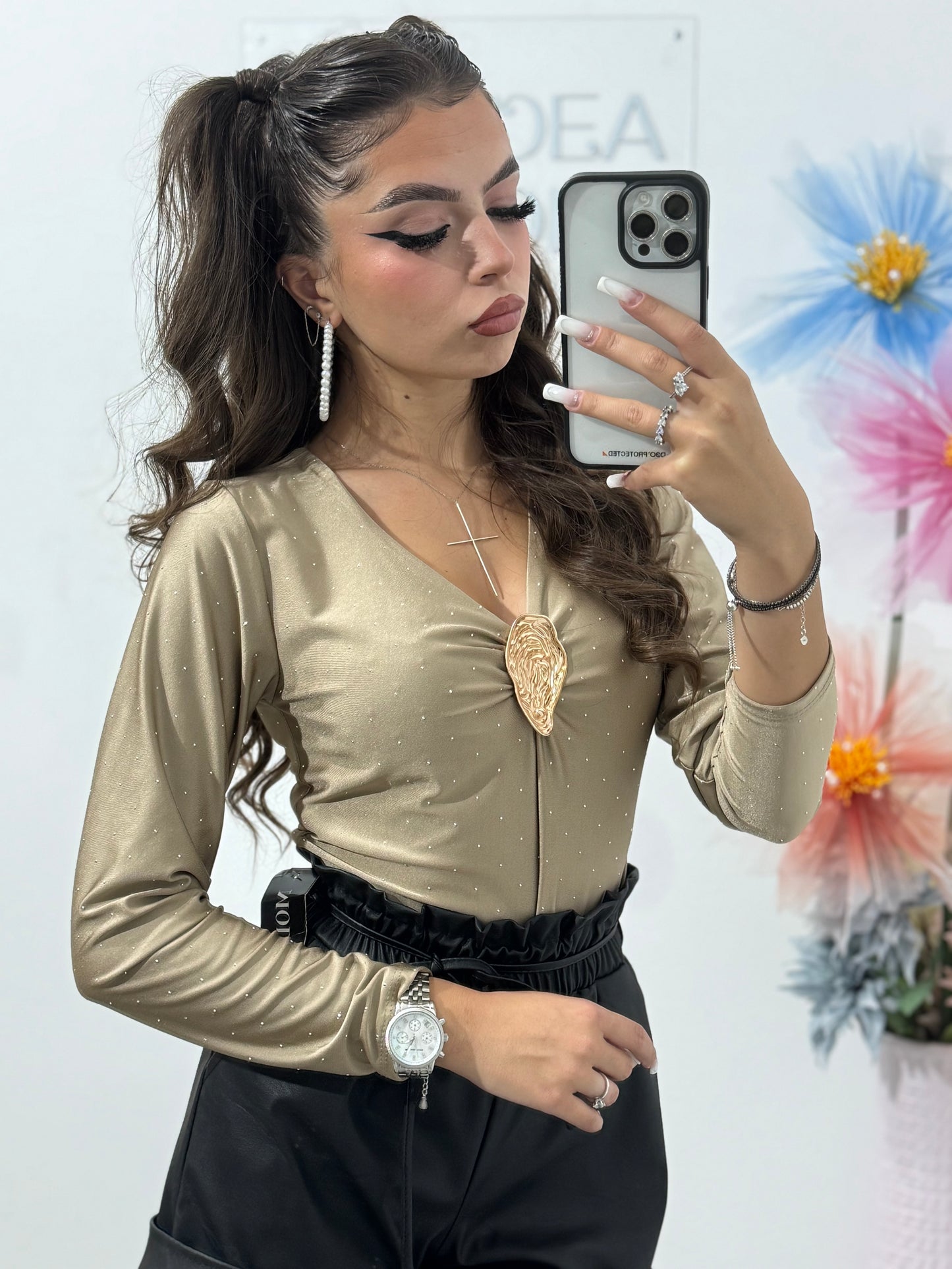 Body elegant cu cristale ștanțate și broșă Denisa