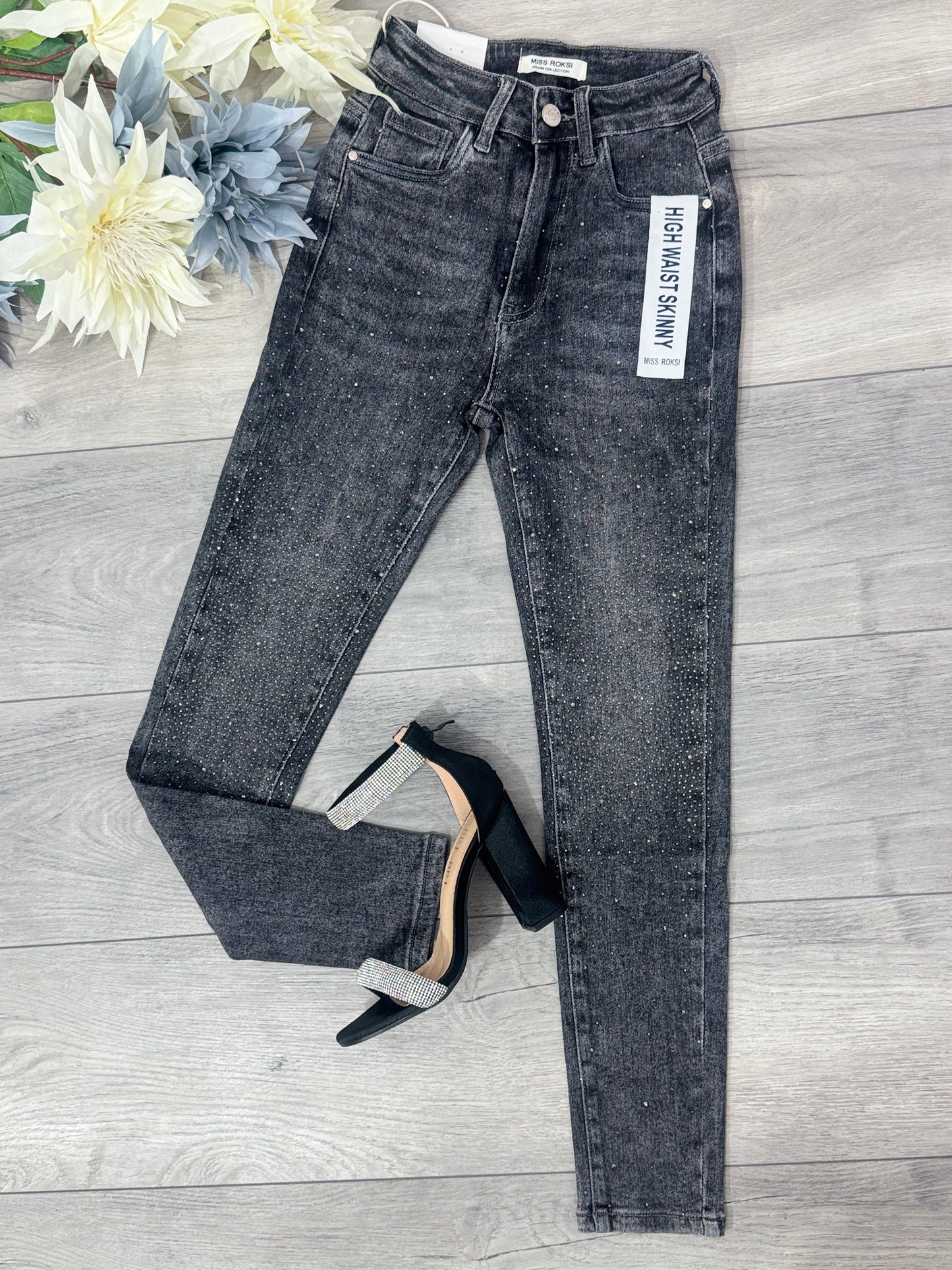 Jeans skinny grey cu cristale Anne