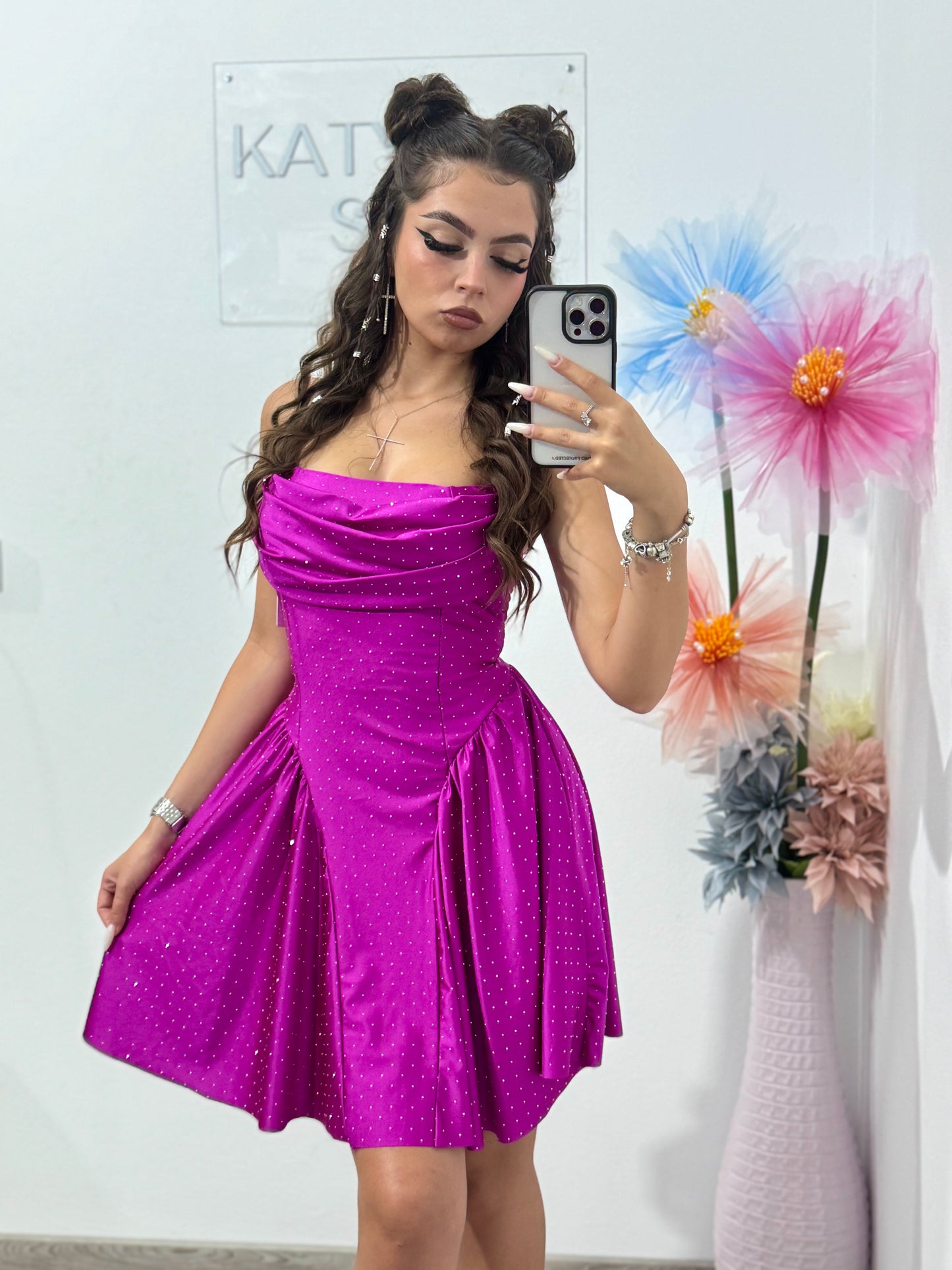 Rochie cu cristale ștanțate fucsia Ginny