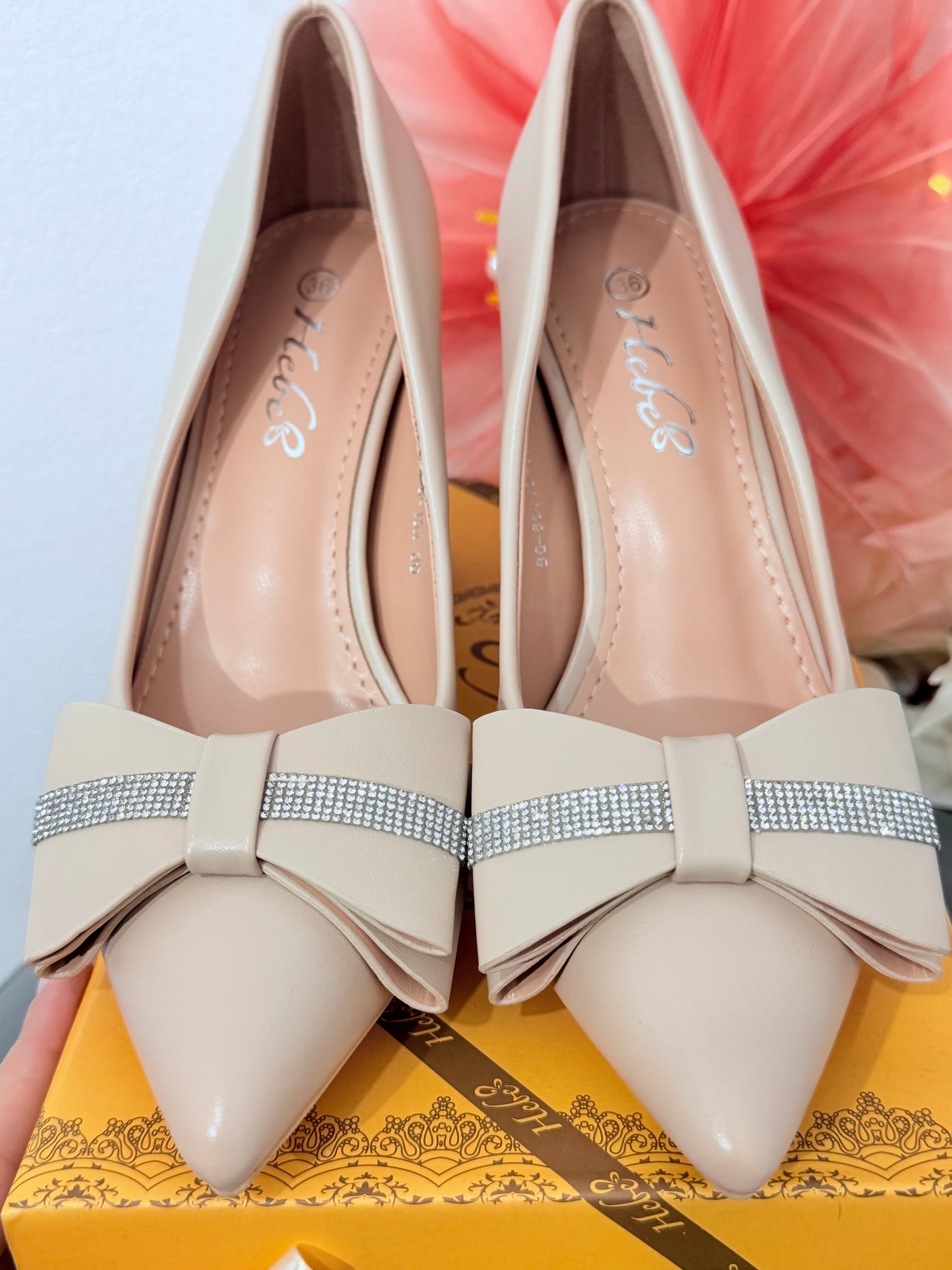 Pantofi eleganți bej cu fundiță SELIN