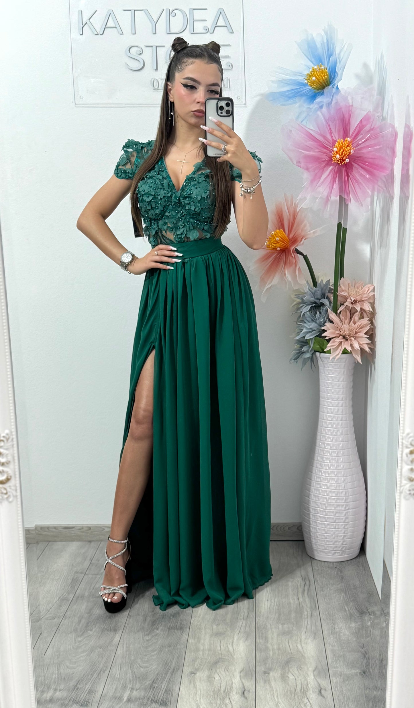 Rochie din voal cu dantelă 3D verde Lucy