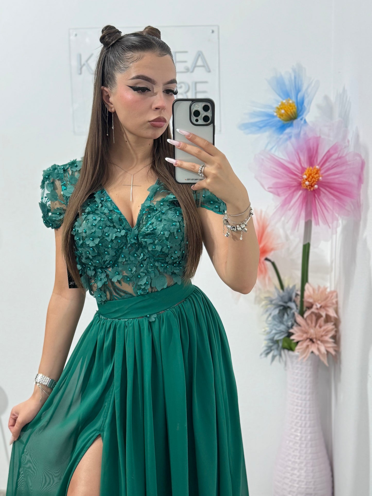 Rochie din voal cu dantelă 3D verde Lucy