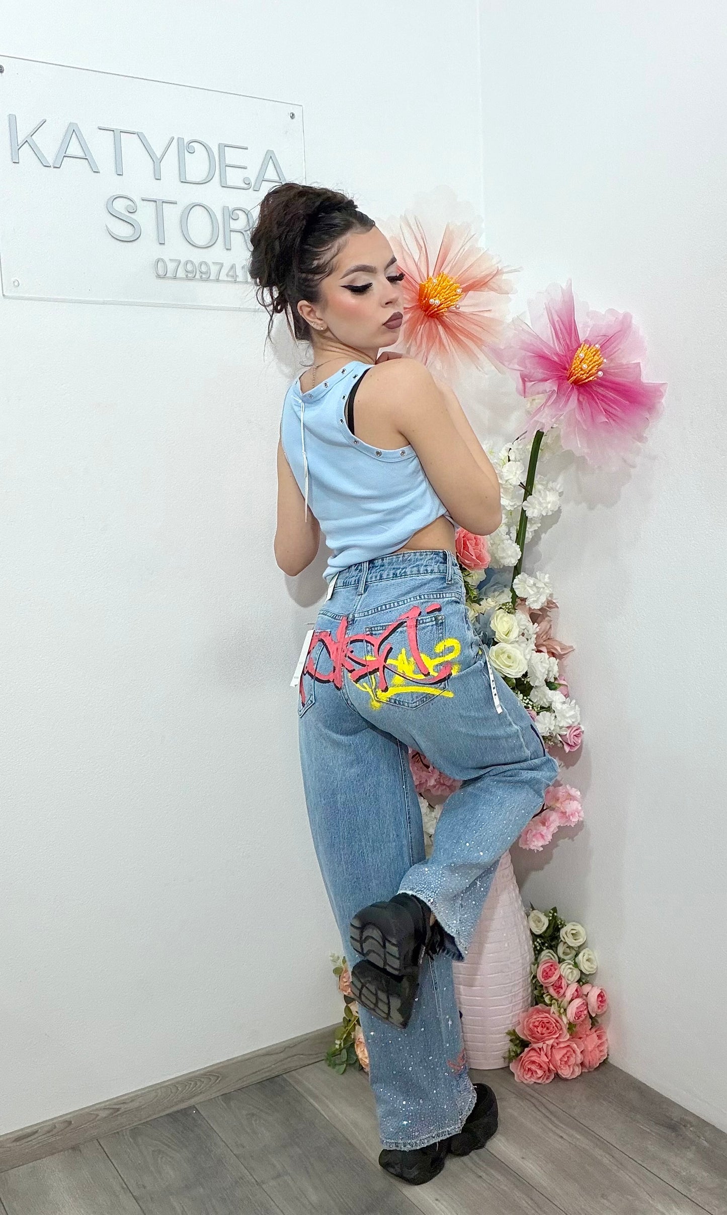 Jeans WideLeg cu cristale și grafitti ANDREE