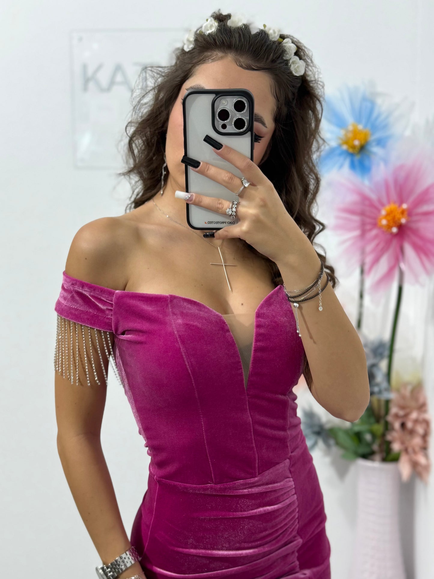 Rochie elegantă fucsia din catifea, cu umeri goi și despicătură pe picior Lolita