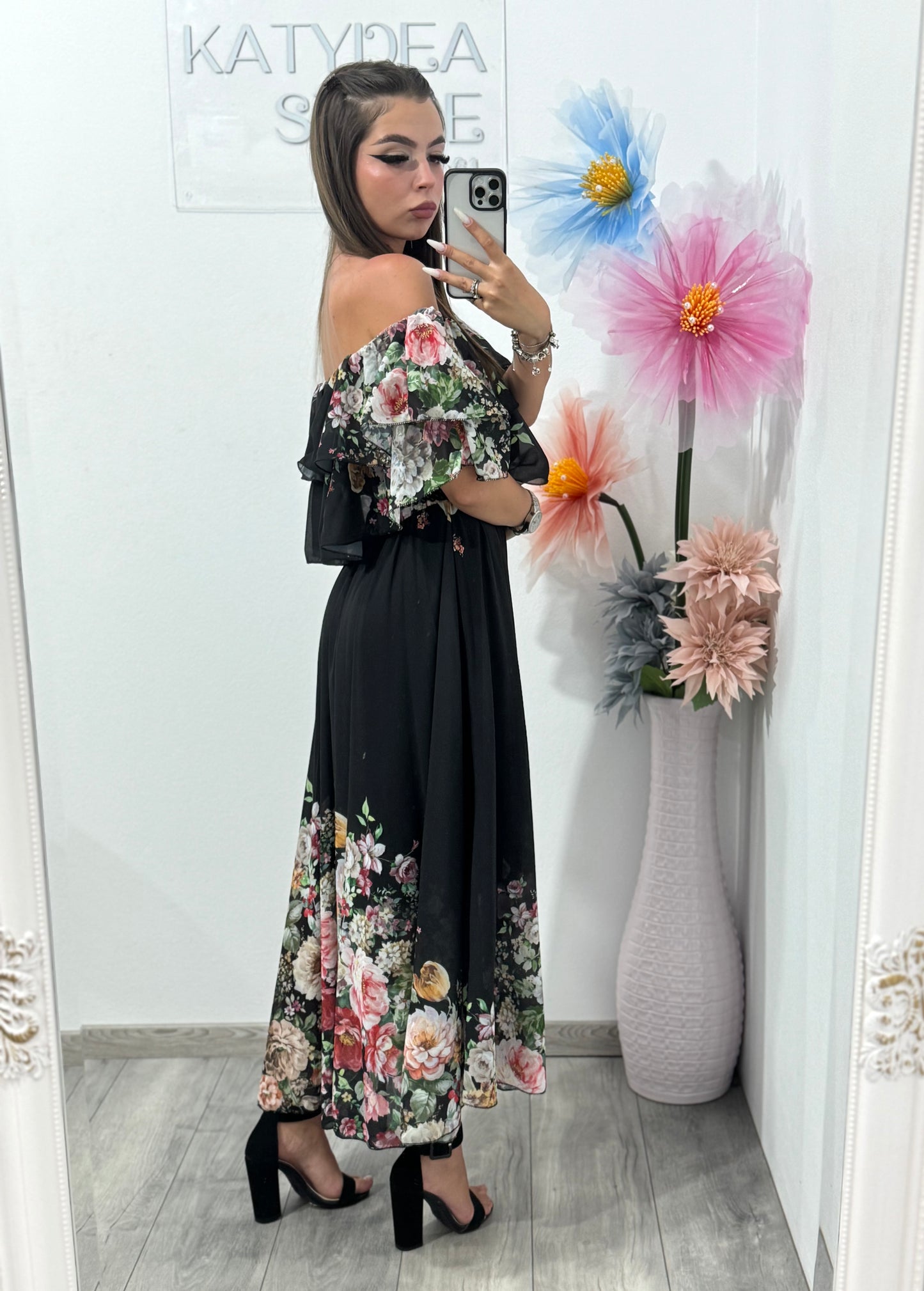 Rochie din voal cu imprimeu negru Delilah