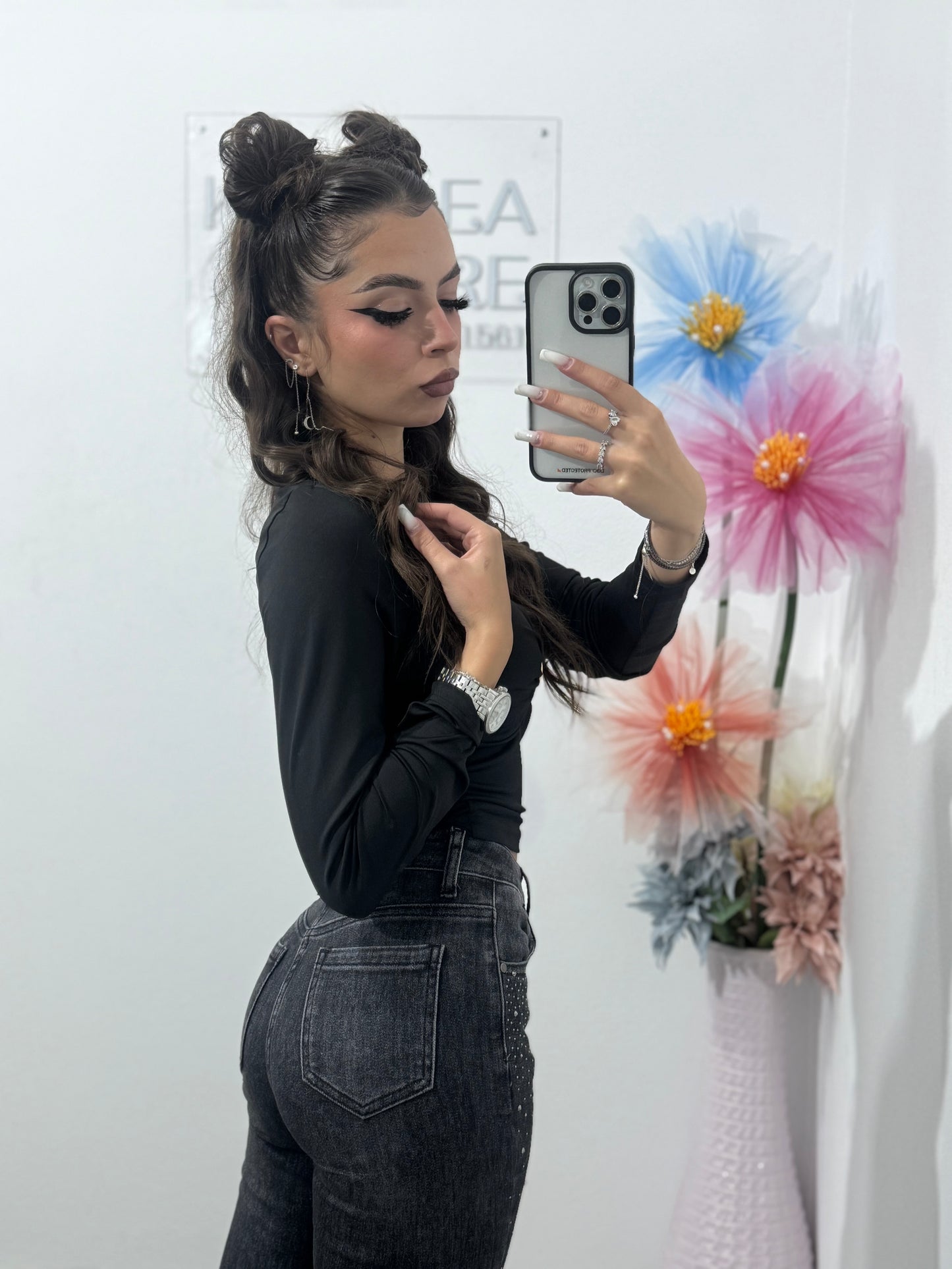 Jeans evazați gri cu cristale ștanțate Laura
