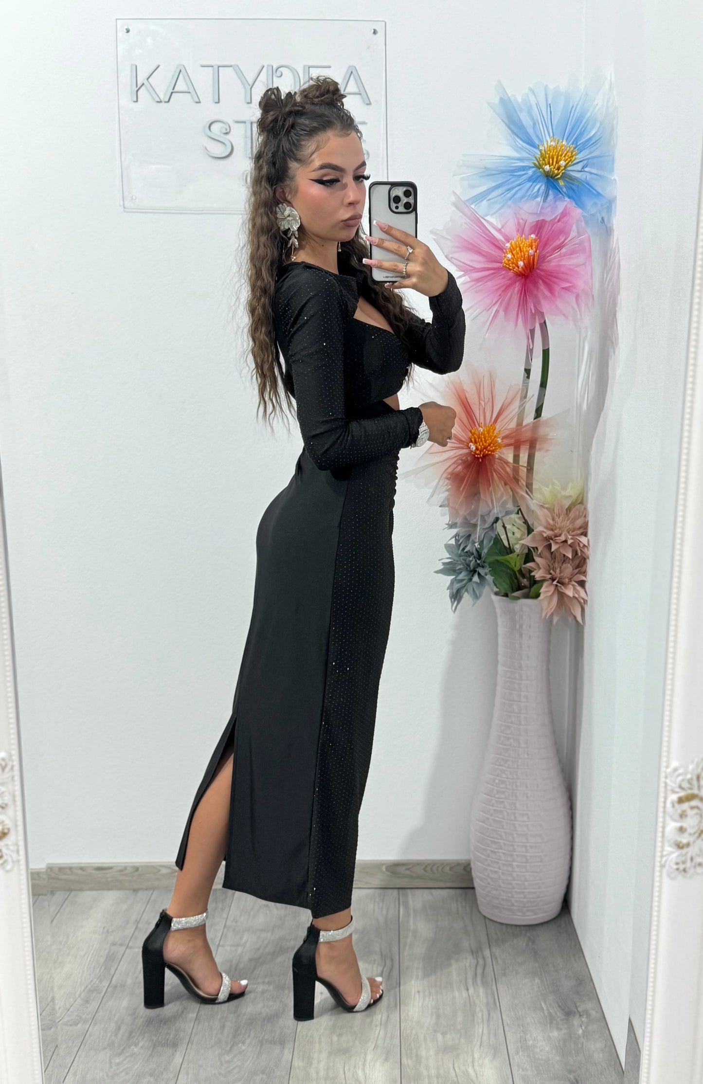 Rochie midi neagra cu cristale negre ștanțate Glam