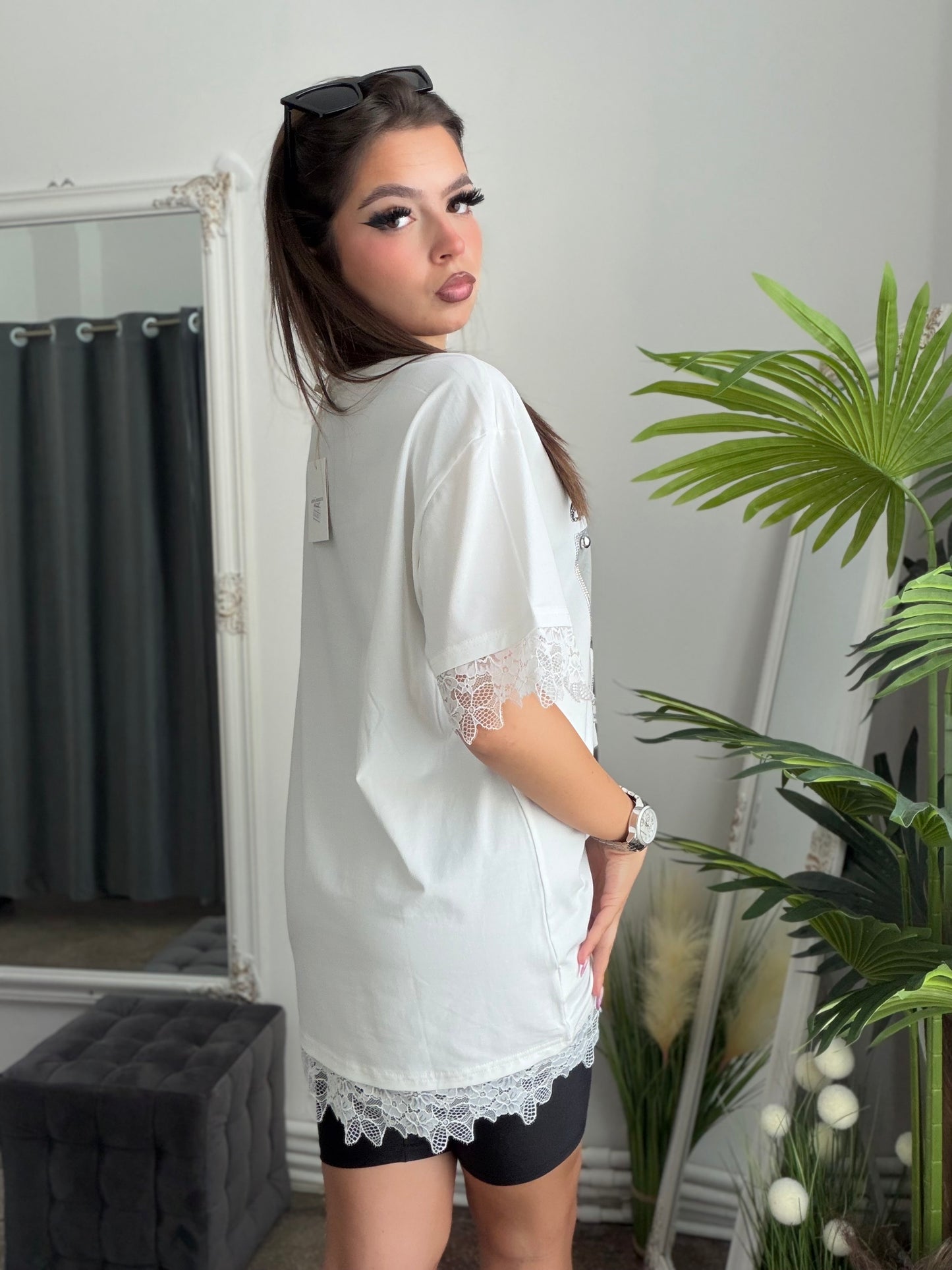 Tricou dantelat cu imprimeu alb GABY