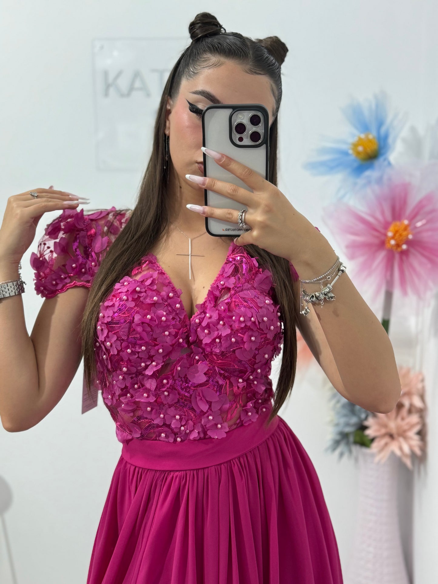 Rochie din voal și din dantelă 3D fucsia Lucy