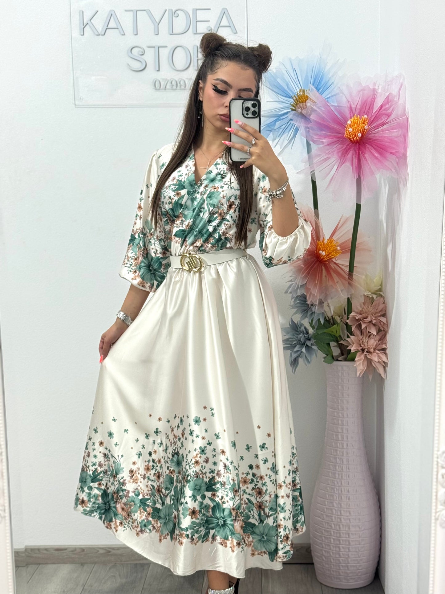 Rochie midi din satin cu imprimeu Flower