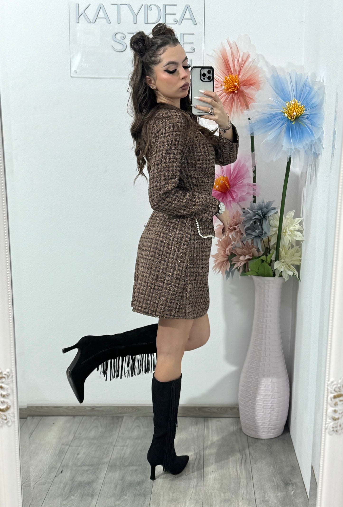 Rochie din tweed maro ELLA