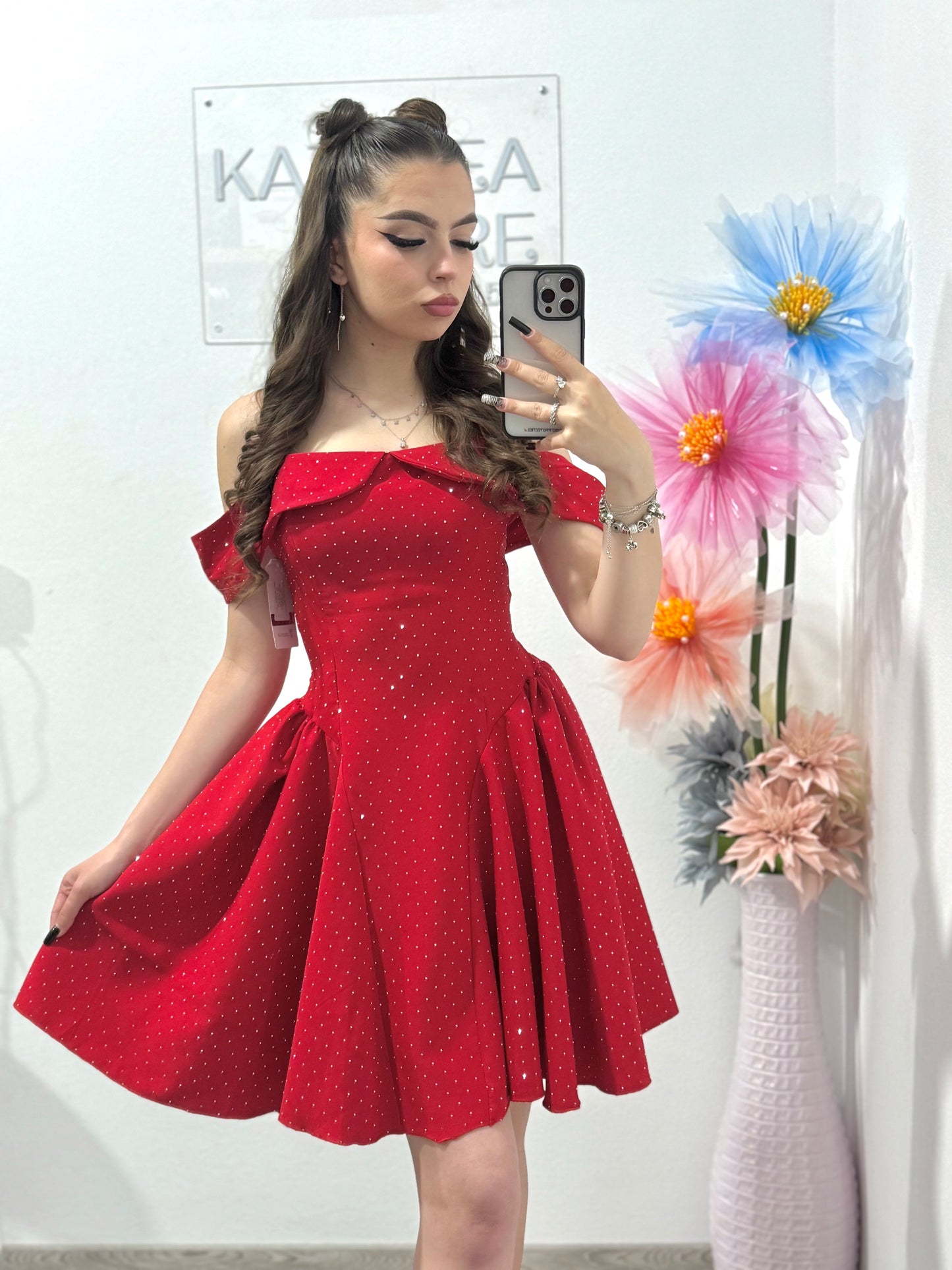 Rochie cu cristale ștanțate roșie Clary