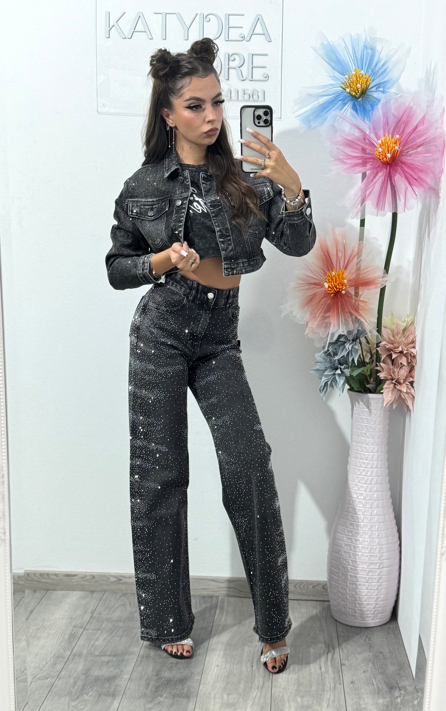Jeans WideLeg cu cristale ștanțate Glam