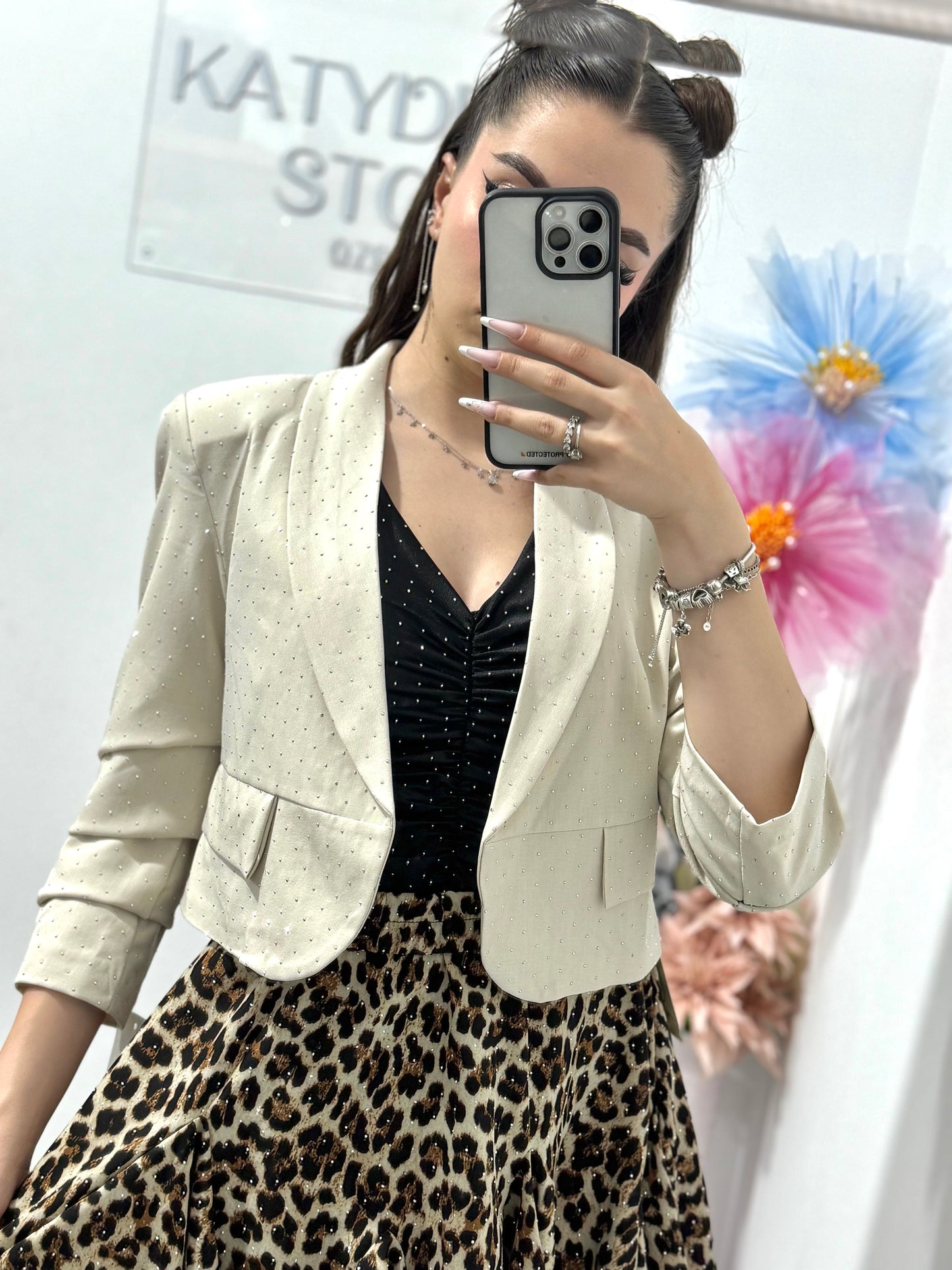 Sacou elegant cu cristale ștanțate bej Karina