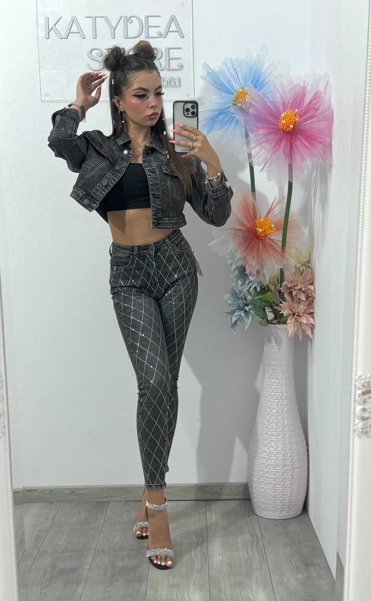 Jeans skinny cu cristale romb Nasia