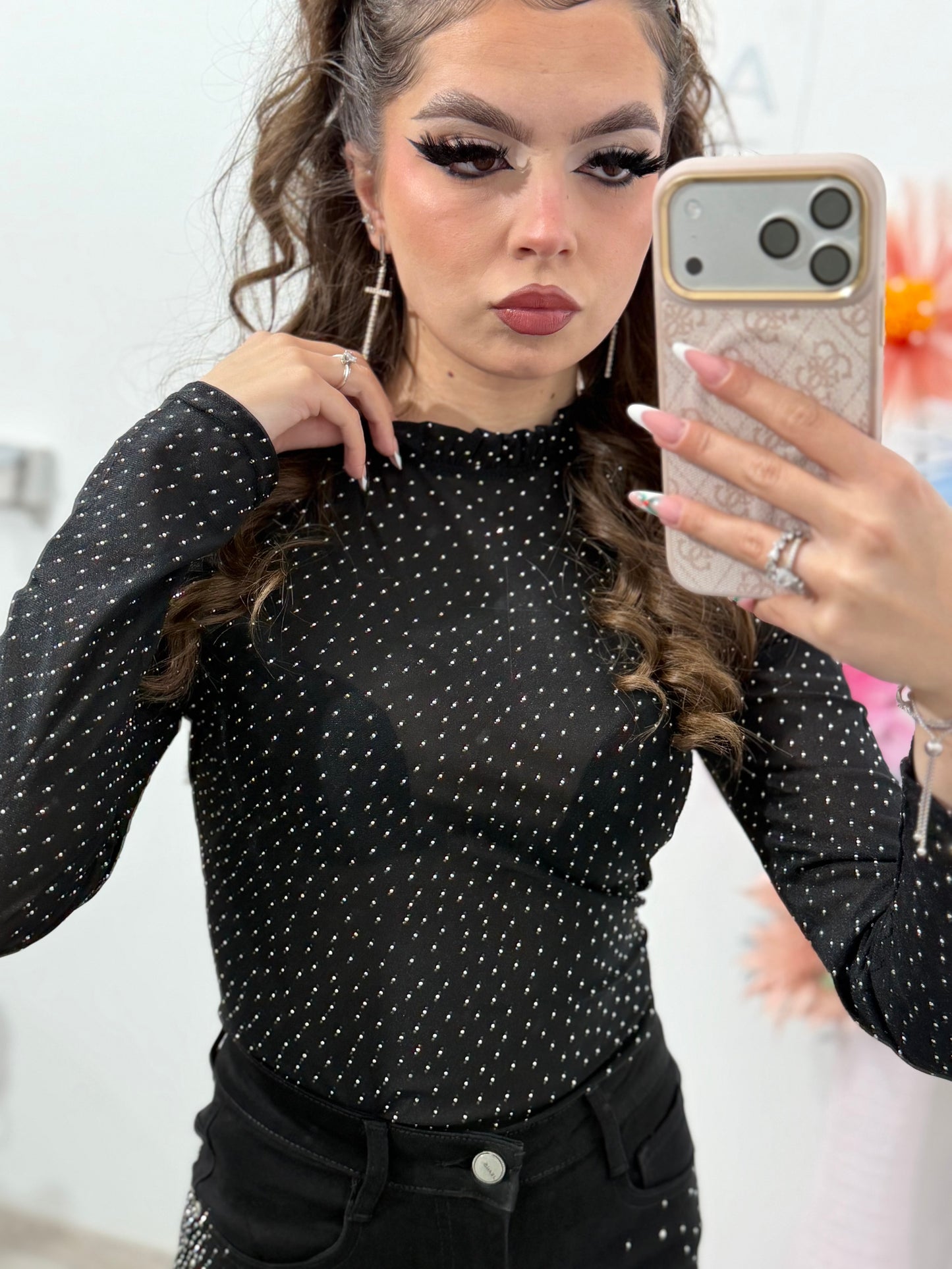 Bluză din dantelă neagră cu cristale WANA