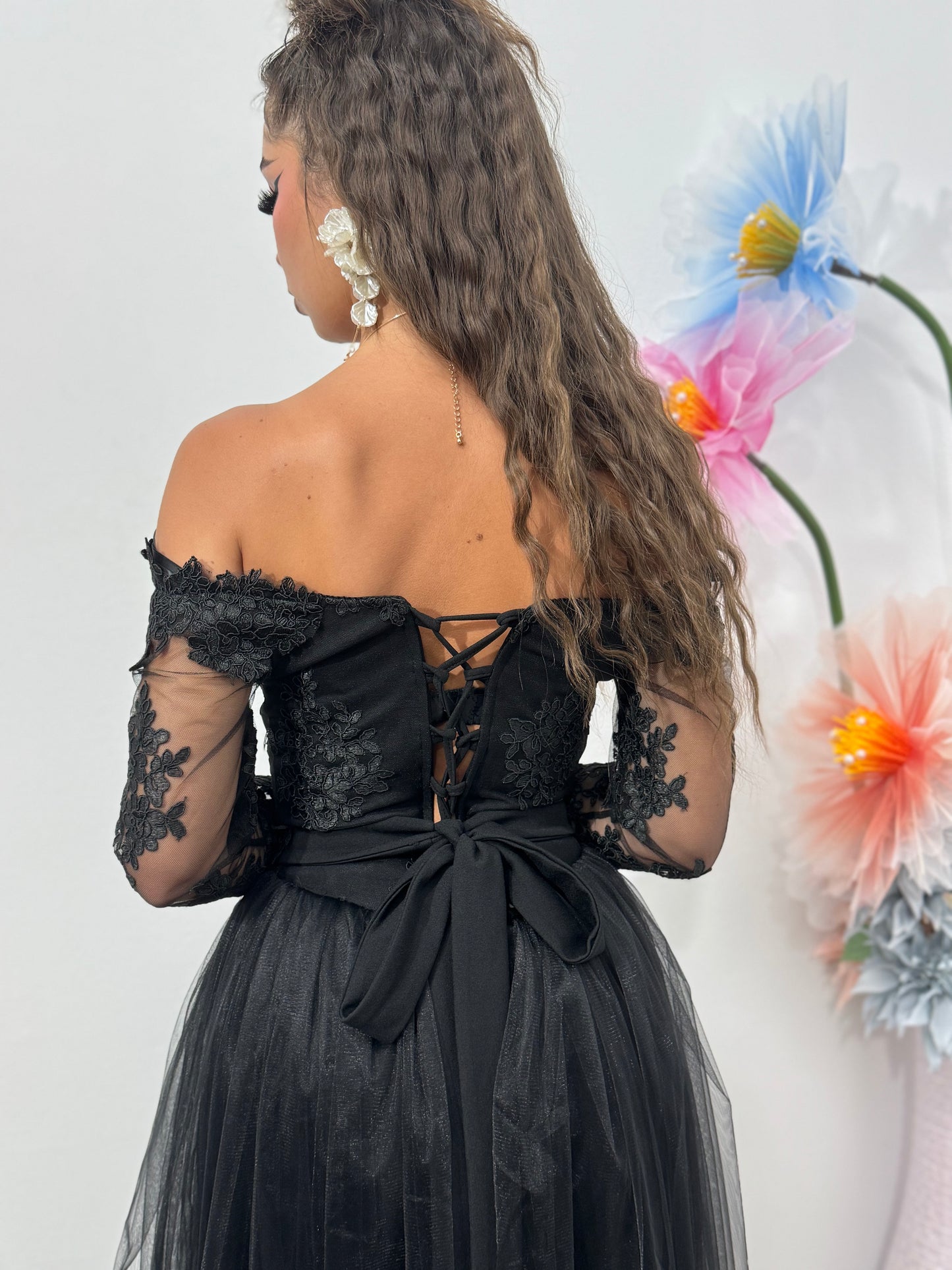 Rochie neagra de seara lunga Vivian din tulle si dantela