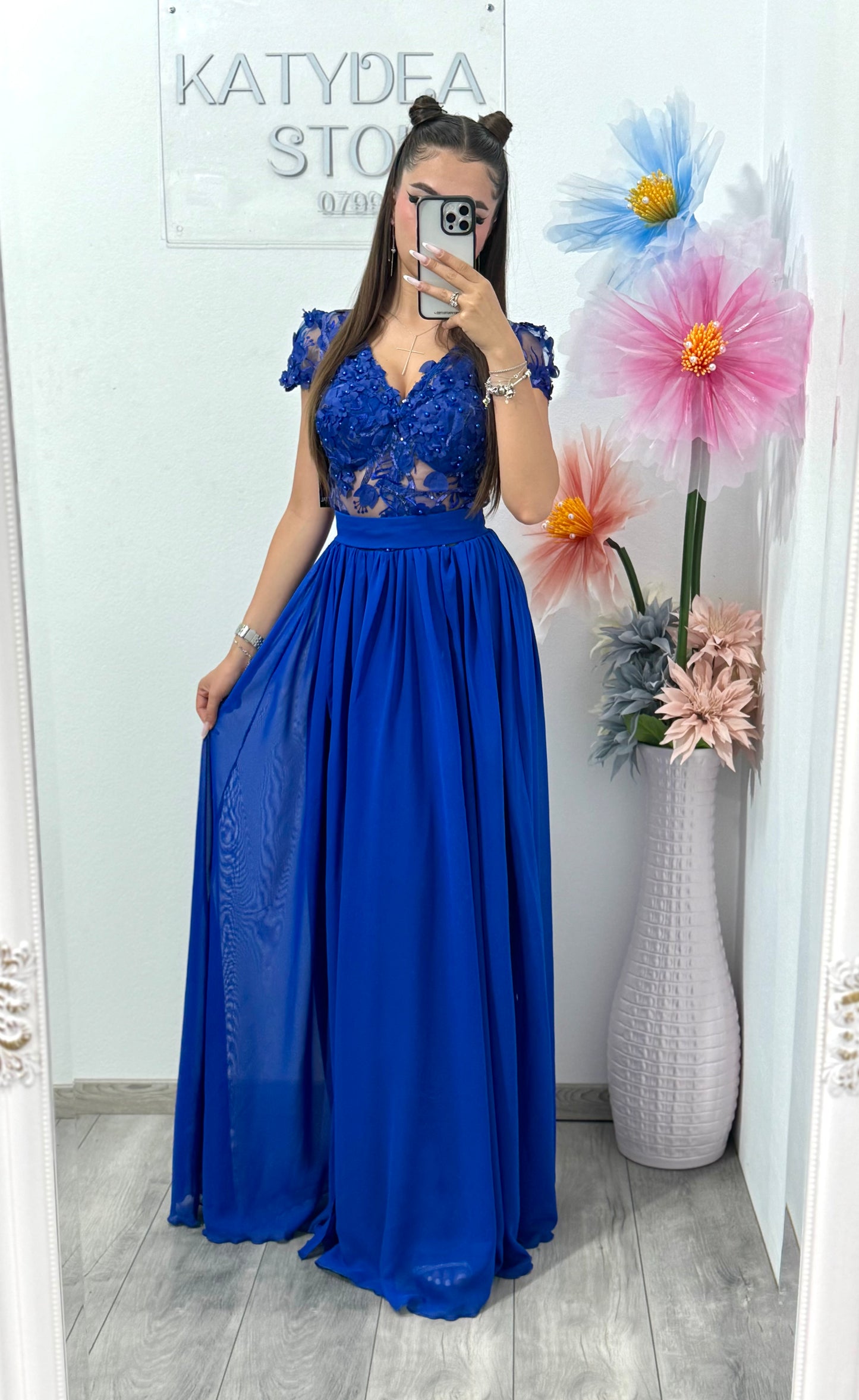 Rochie din voal cu dantelă 3D albastra Lucy