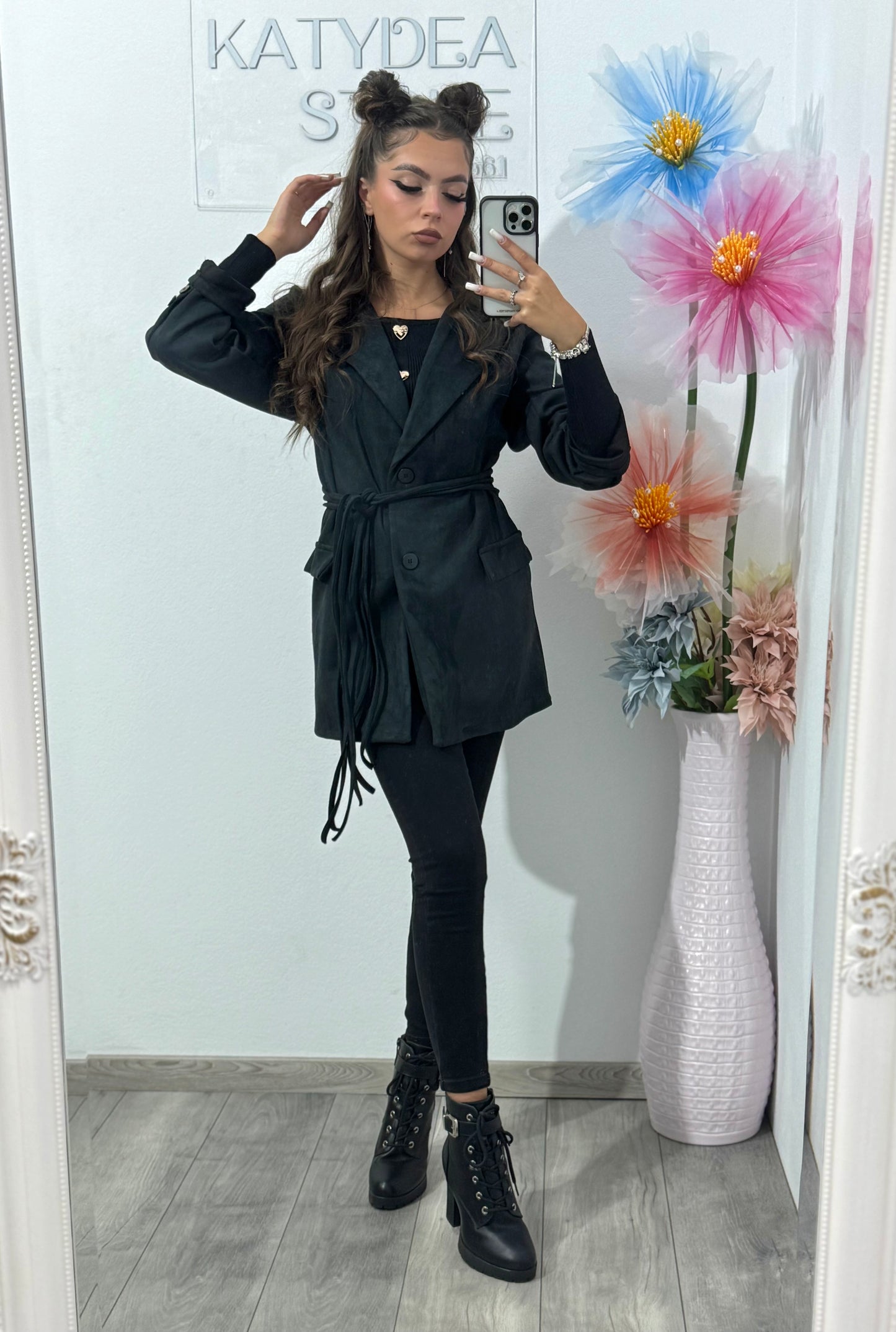 Geacă din piele întoarsă cu corset Delia neagră