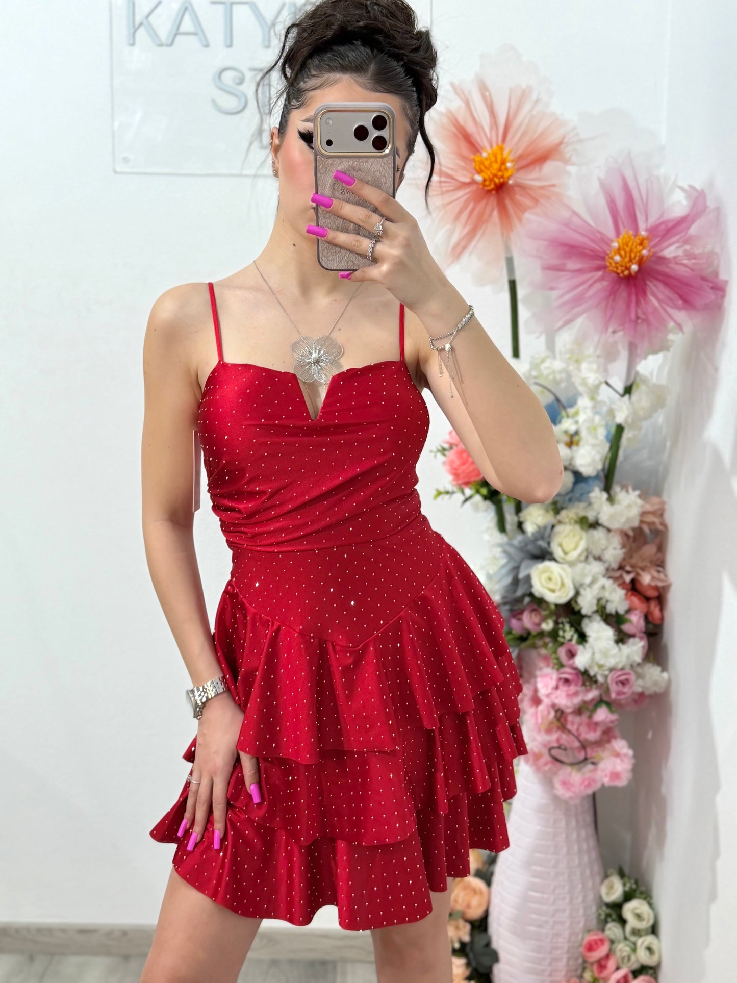 Rochie scurta rosie cu cristale ștanțate ZONIA