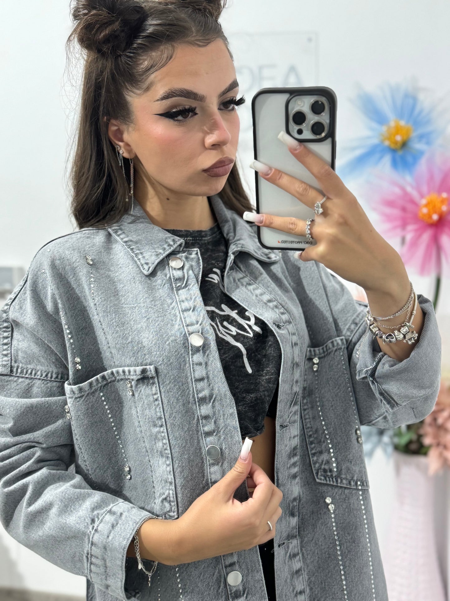 Geacă din denim gri cu cristale Bianca