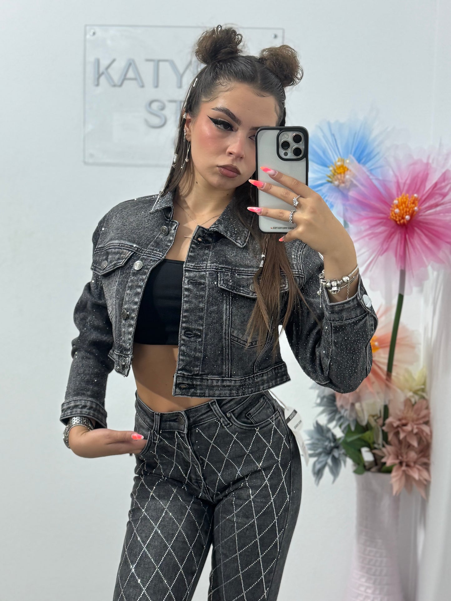Jeans skinny cu cristale romb Nasia