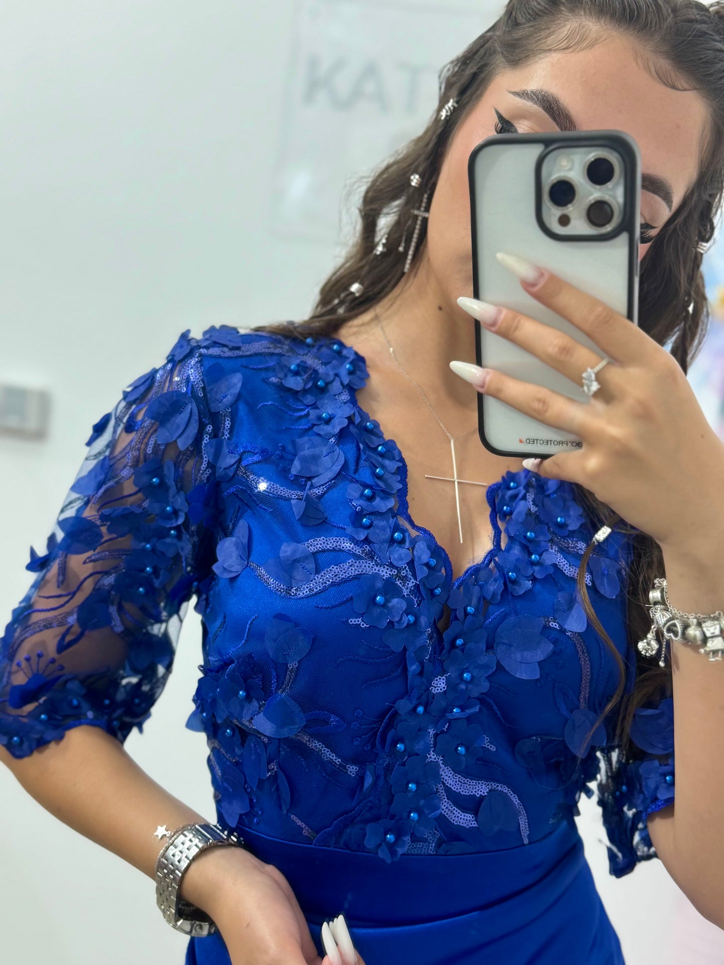 Rochie conică din tafta cu flori 3D albastru electric Aleyna