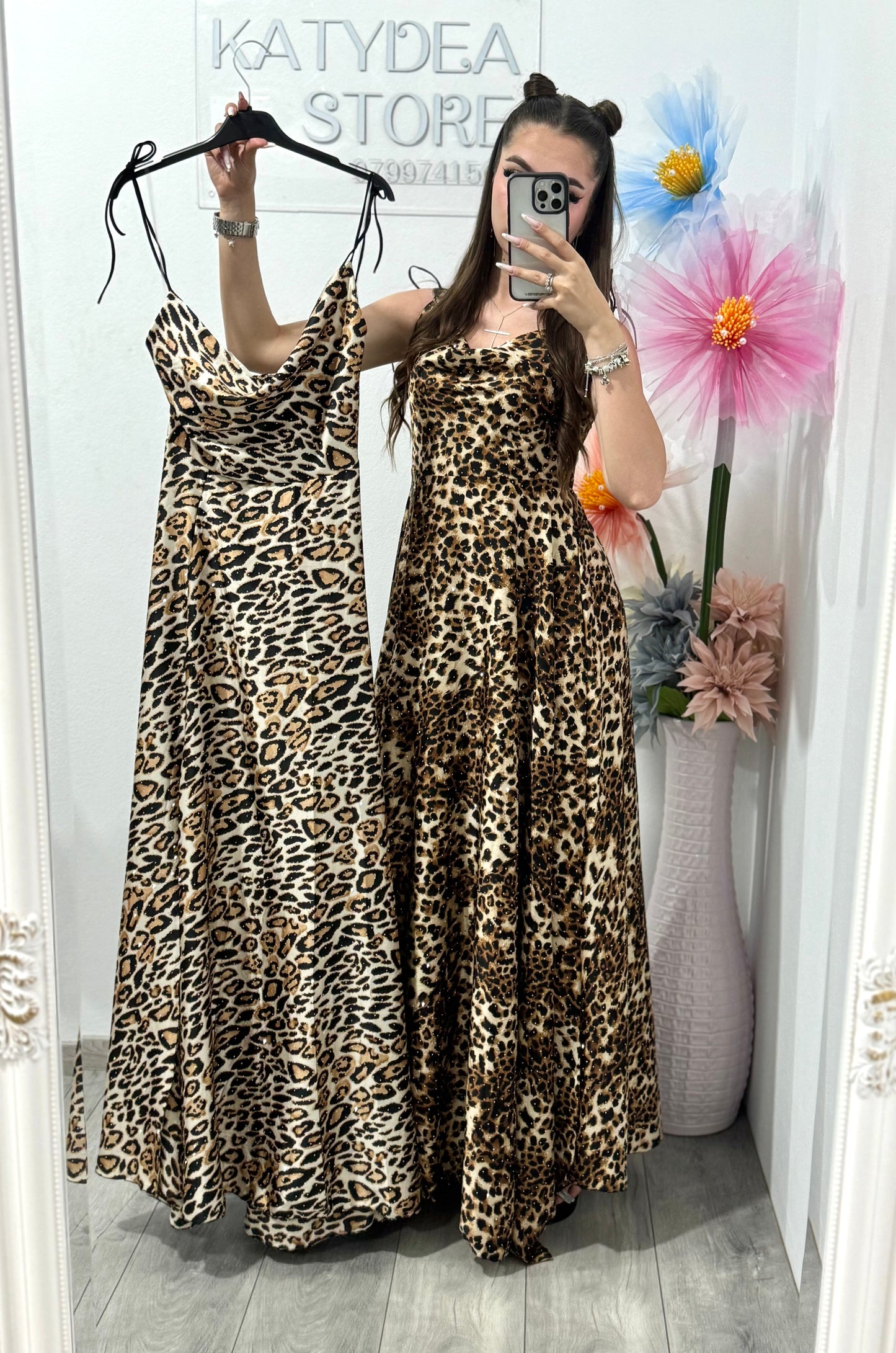 Rochie satinata leopard cu cristale Glammy
