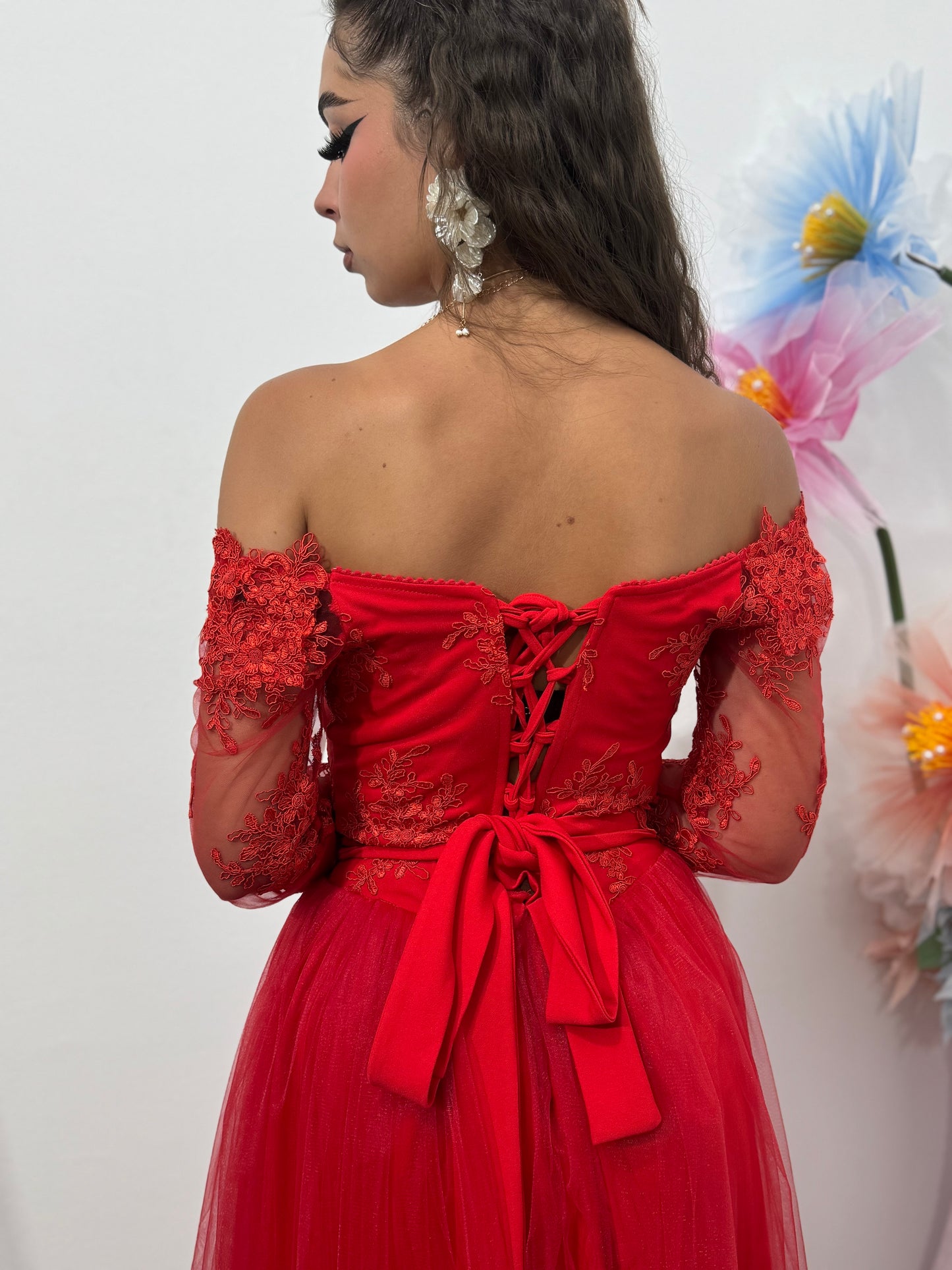 Rochie rosie de seara lunga Vivian din tulle si dantela