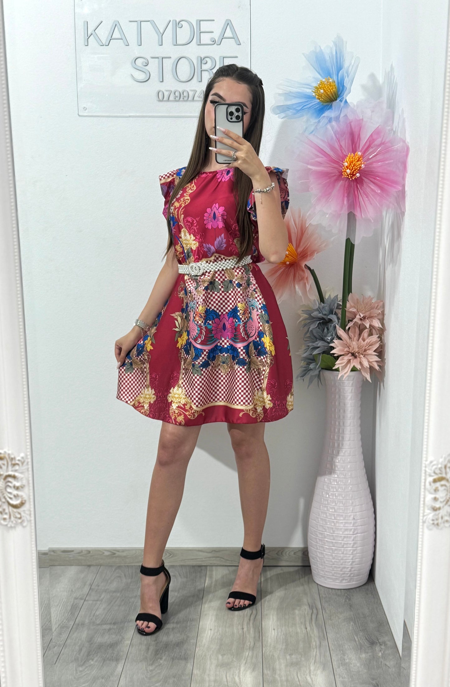 Rochie tip A satinata cu imprimeu
