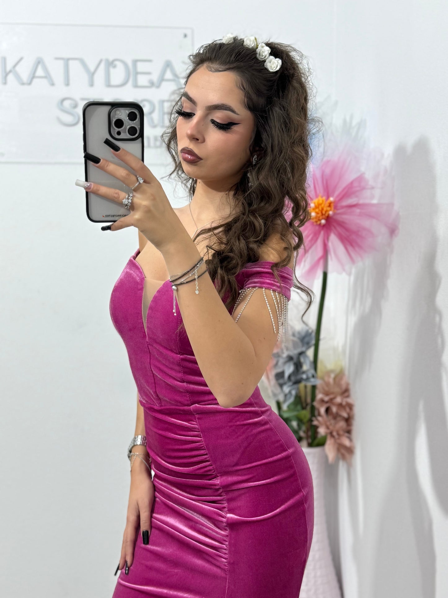 Rochie elegantă fucsia din catifea, cu umeri goi și despicătură pe picior Lolita