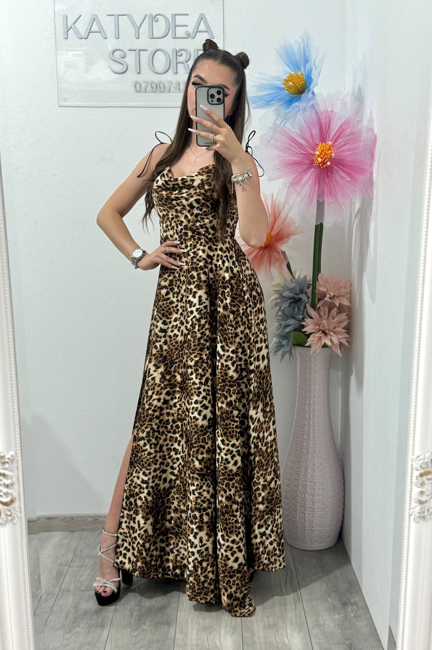 Rochie satinata leopard cu cristale Glammy