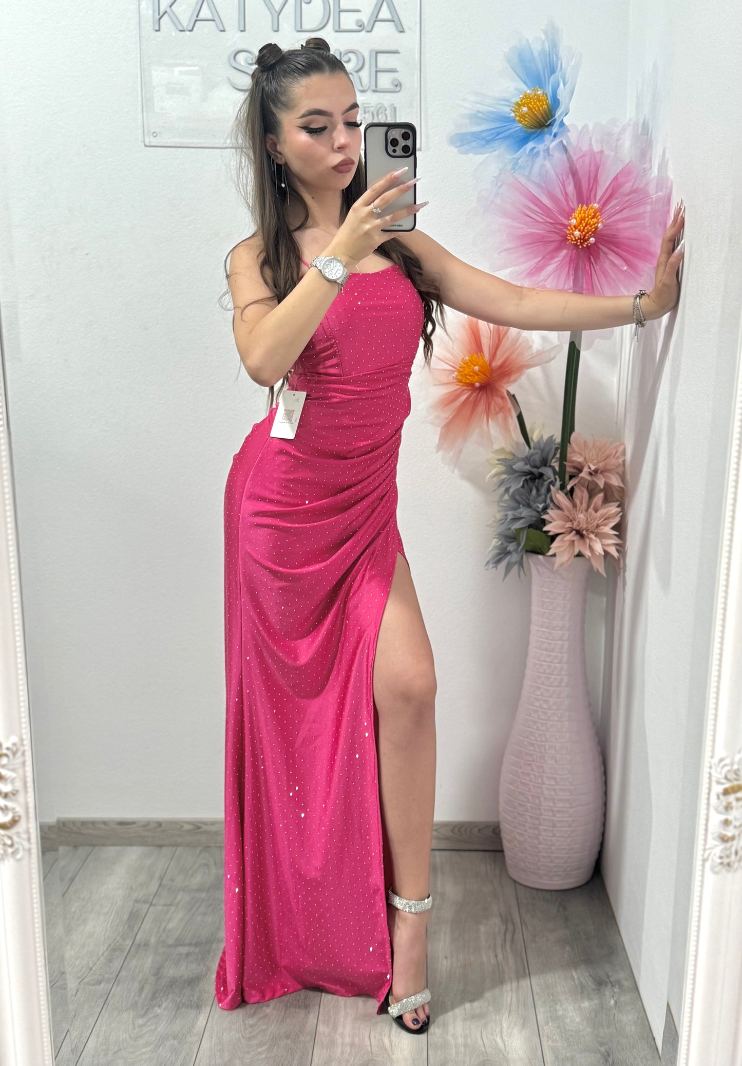 Rochie elegantă cu corset și cristale ștanțate roz Caroline