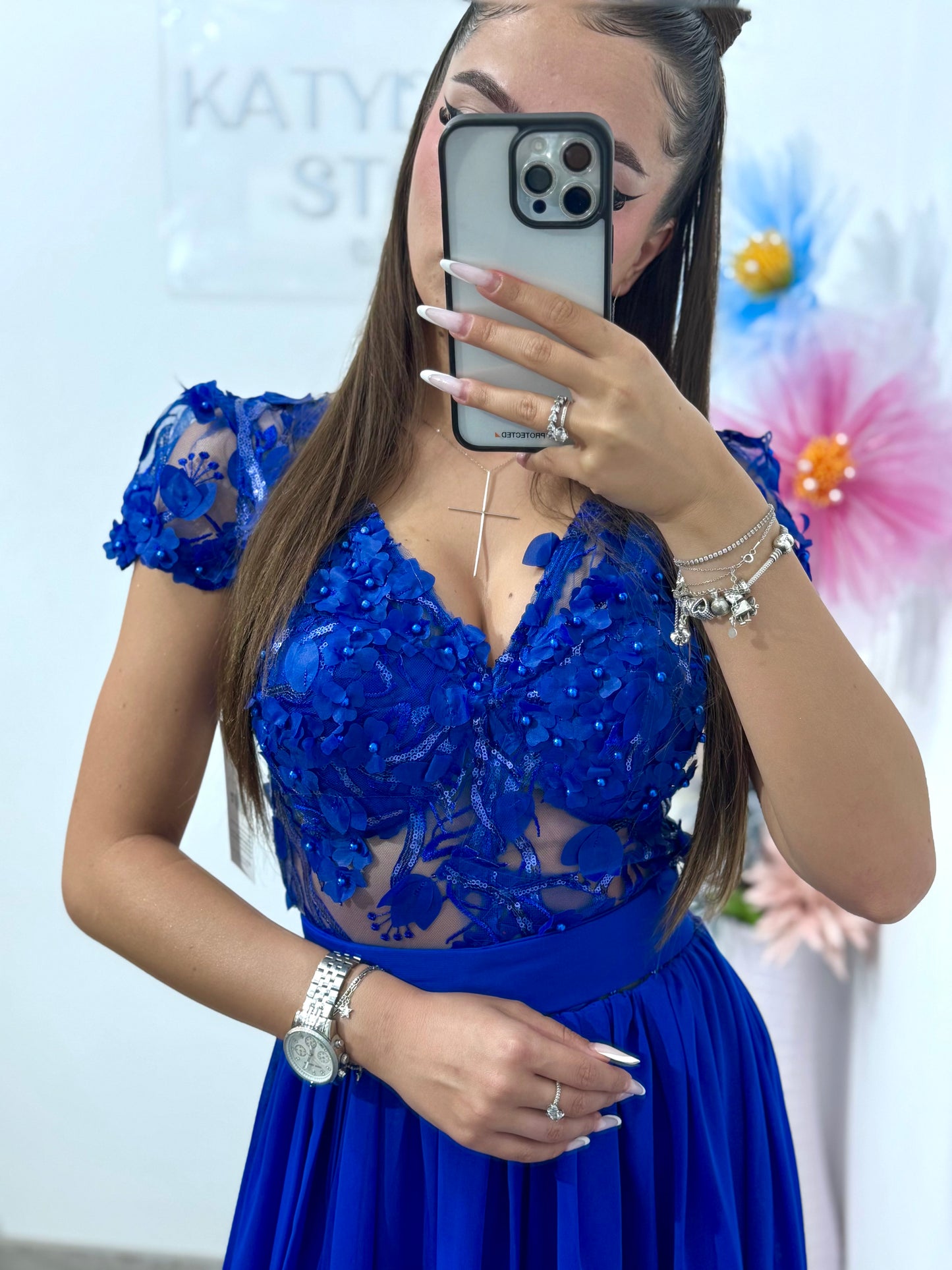 Rochie din voal cu dantelă 3D albastra Lucy