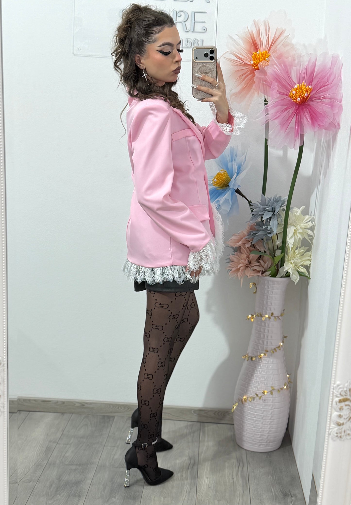 Sacou elegant cu dantelă roz HELENA