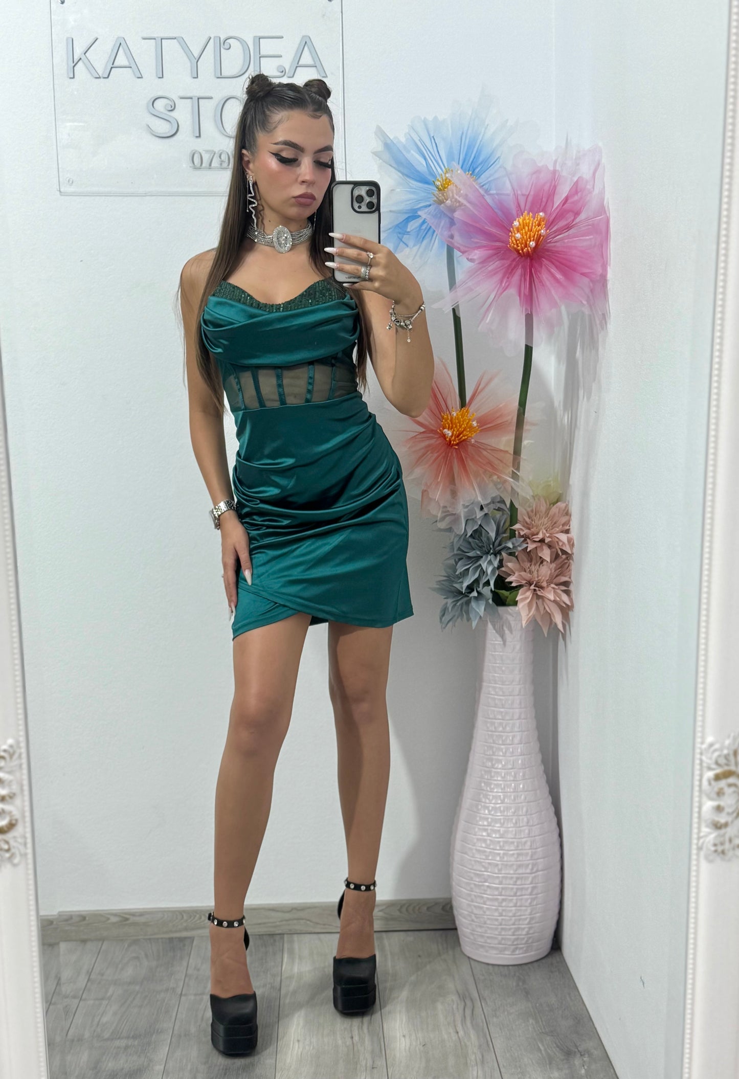 Rochie scurtă cu corset verde Sofia