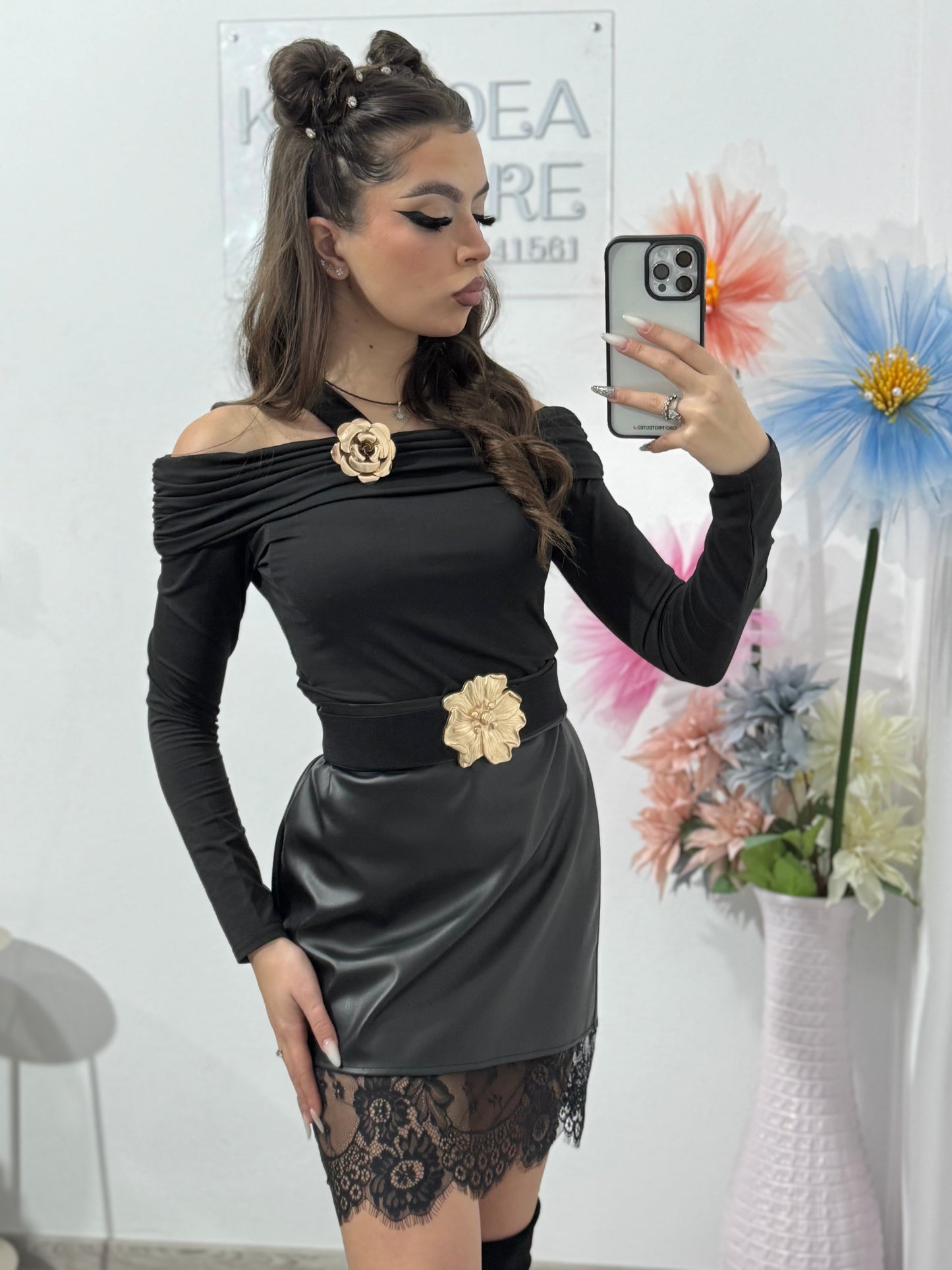 Fustă din imitație de piele și dantelă ELIZA