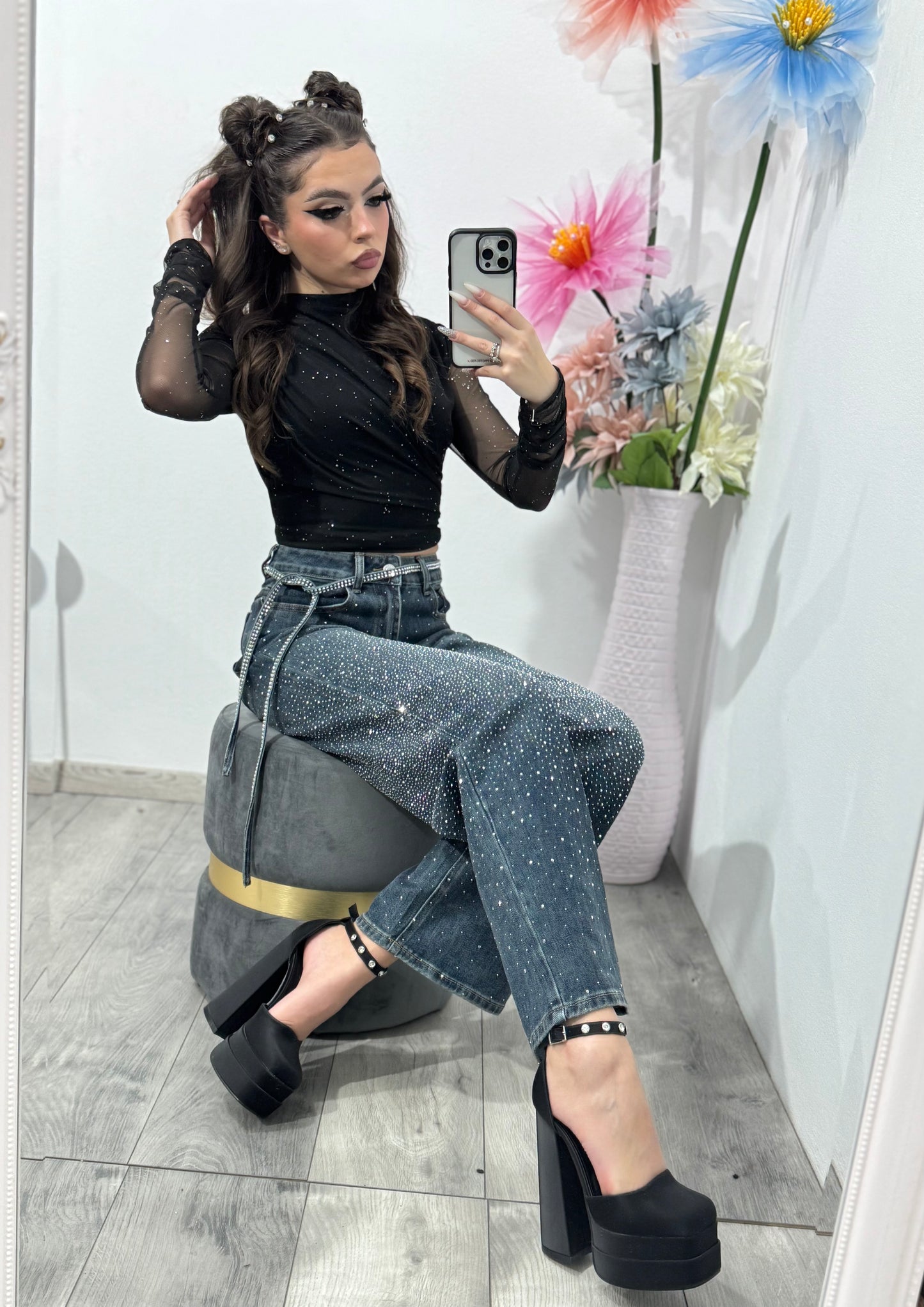 Jeans WideLeg cu cristale ștanțate XONIA