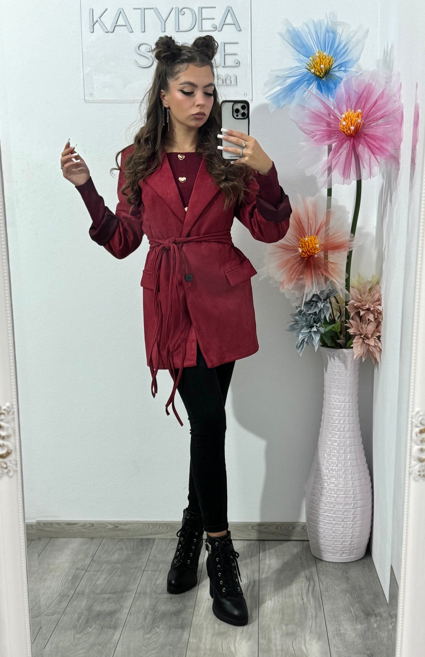 Geacă din piele întoarsă cu corset Delia grena
